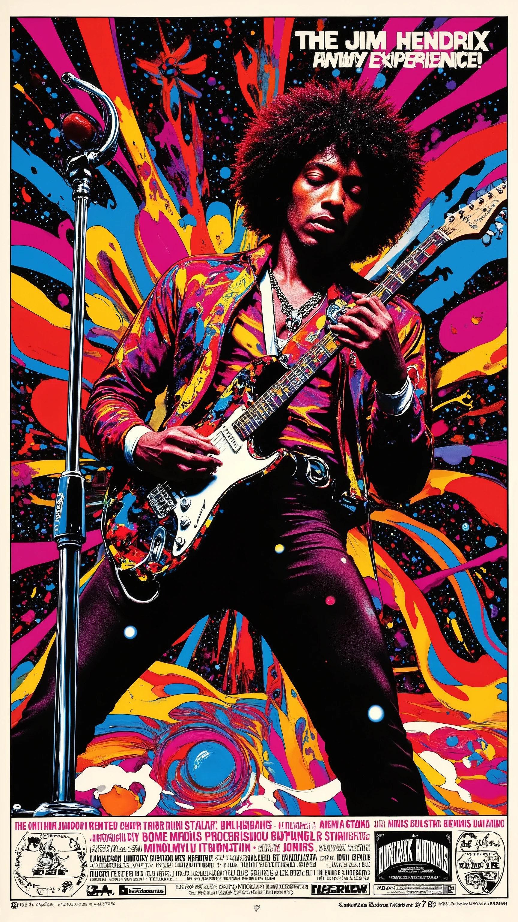 (Jimi Hendrix),(poster title text "the Jimi Hendrix Experience"),guitar,microphone stand,dynamic pose,dynamic angle,live show,wing-like abstract patterns,60's psychedelic poster,　,pop art,Trippy Lalaland,ArsMovieStill, movie still from a 60s psychedelic movie,