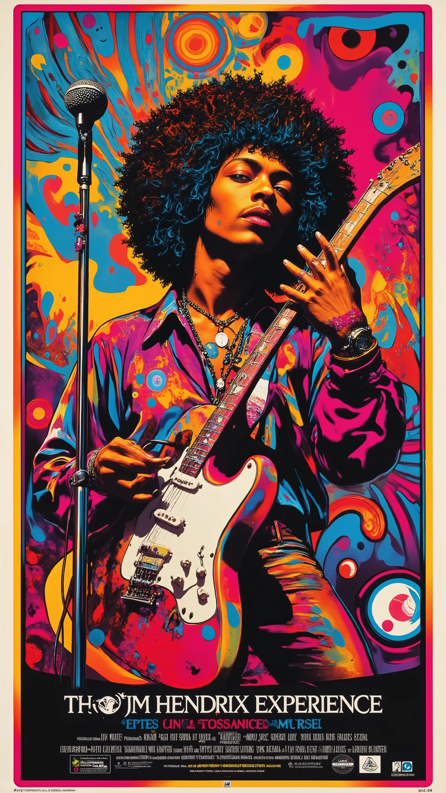 (Jimi Hendrix),(poster title text "the Jimi Hendrix Experience"),guitar,microphone stand,dynamic pose,dynamic angle,live show,wing-like abstract patterns,60's psychedelic poster, ,pop art,Trippy Lalaland,ArsMovieStill, movie still from a 60s psychedelic movie,