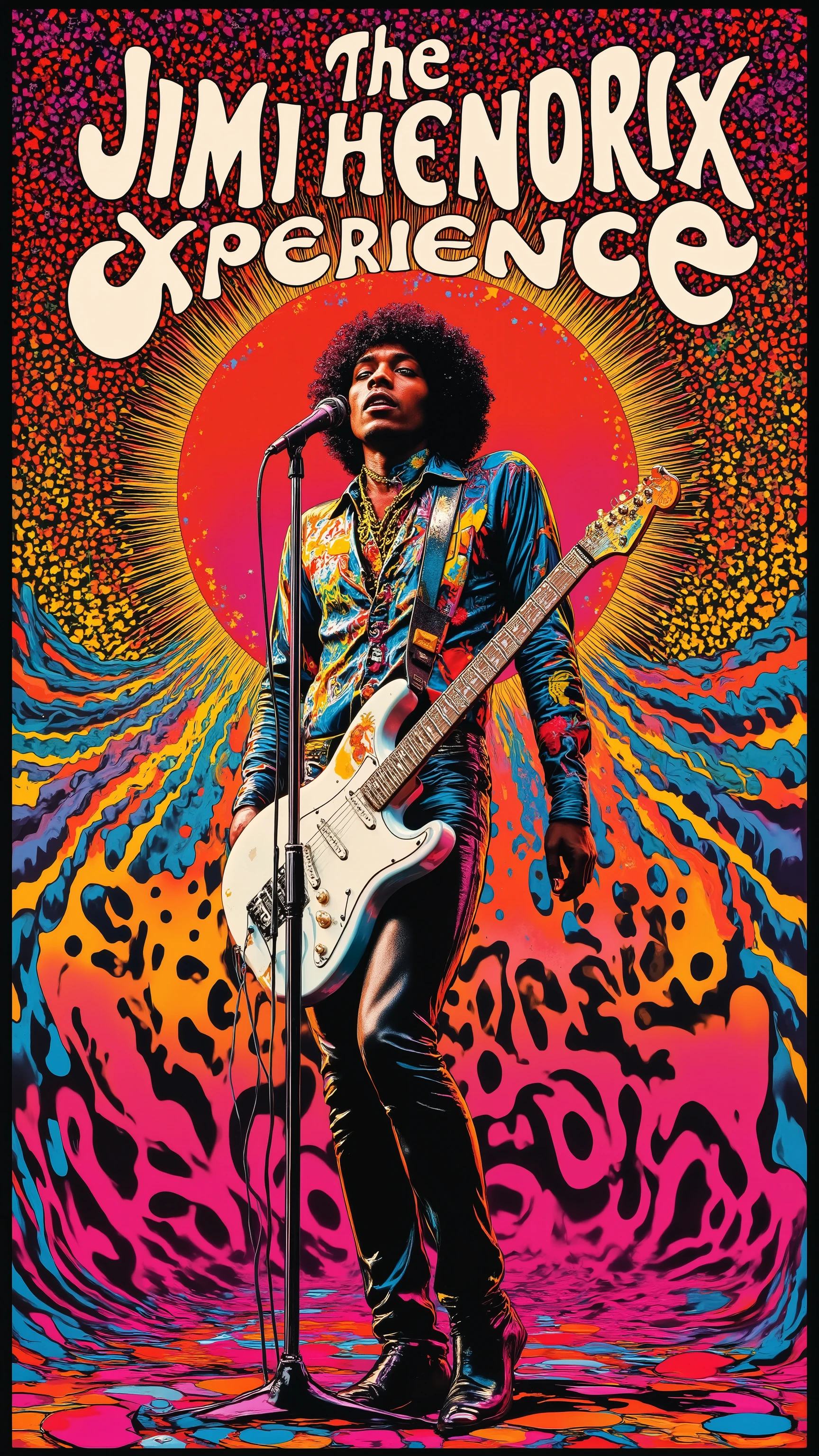(Jimi Hendrix),(poster title text "the Jimi Hendrix Experience"),guitar,microphone stand,dynamic pose,dynamic angle,live show,wing-like abstract patterns,60's psychedelic poster, ,pop art,Trippy Lalaland,ArsMovieStill, movie still from a 60s psychedelic movie,