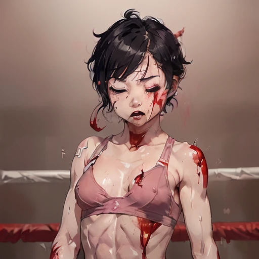 a bloody beautiful young Japanese female fighter is beated down in the fighting ring. Blood is dripping from her nose. She is covered in scars and bruises. she is lying down. she is damaged terribry. she was defeated. she lost the fight. she was knocked out. Short-cut black hair, out of breath, drooling from mouth, crying, exhausted, drenched in sweat. Muscularity. Six-pack abs. Erect nipples. sports-bra, bikini panty, open finger glove.