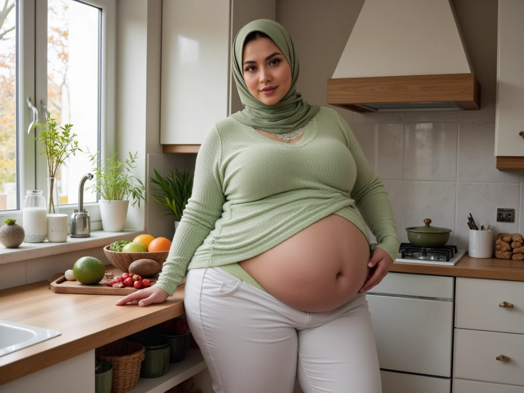POV when in front of you is a stepmother from Malaysia who wears a hijab with a plus size body who is 9 pregnant and is cooking in the kitchen of your house and you want to hug her.. fisheye camera view, iphone camera style. HD, realface, cinematic, extreme long shot