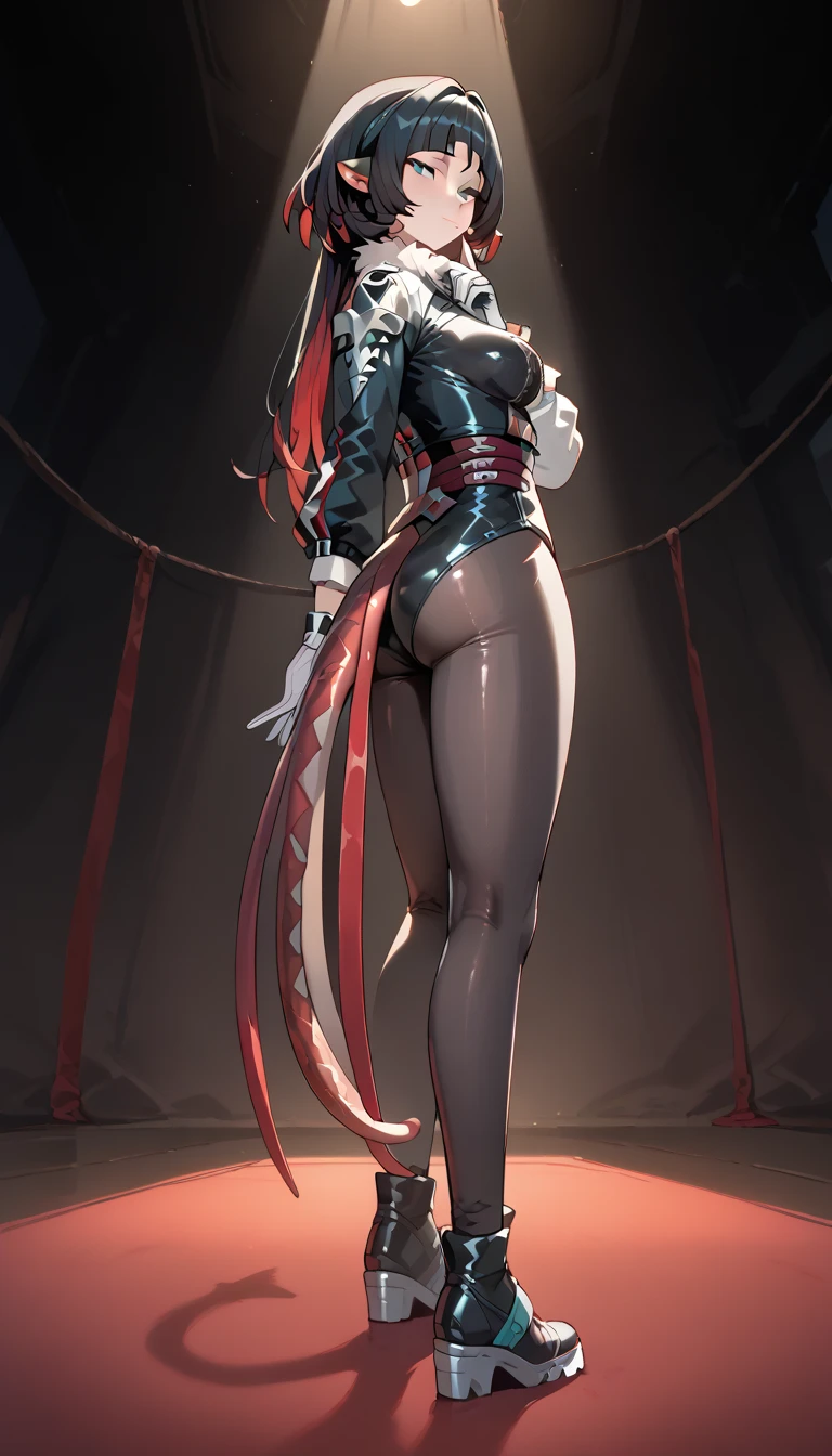 white venom spider woman, thick thighs, long legs, define abs, pink lips, green glowing eyes