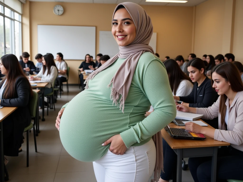 Plump vagina, sweating vagina, Beautiful girl wearing narrow dark hijab malay teenage girl 18 years old, kelantanese look, cute girl face, smiling, eyes looking at camera, grin, big laugh, nude, naked, naked body, sperm on vagina, no clothes, no clothing, big breasts about to burst out, closeup vagina, closeup view, plump body, showing vagina, vagina view, plump thigh, realistic skin, view from below, spreading legs on desk, in empty classroom, books on table, hand holding smartphone, side lighting, day time, sun light, high quality, ultra detail, 35mm lens, establishing shot, pastel color grading, depth of field cinematography effect, film noir genre, 8k resolution