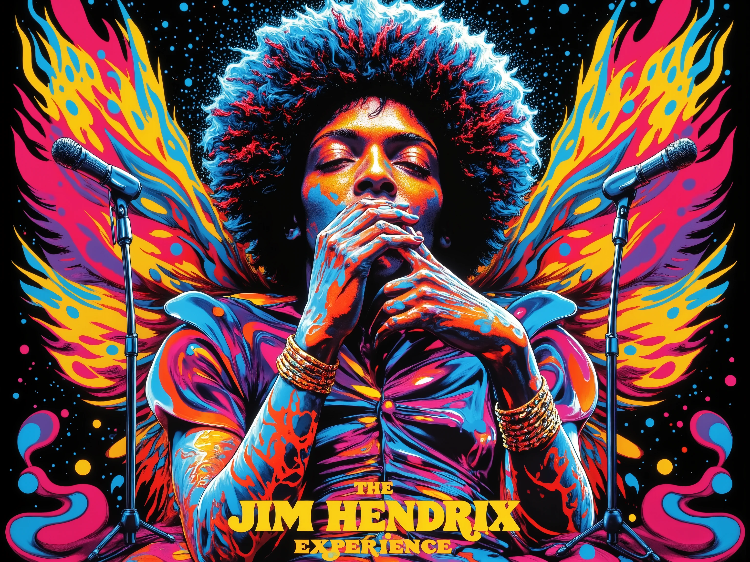(Jimi Hendrix),(poster title text "the Jimi Hendrix Experience"),guitar,microphone stand,dynamic pose,dynamic angle,live show,wing-like abstract patterns,60's psychedelic poster, ,pop art,Trippy Lalaland,ArsMovieStill, movie still from a 60s psychedelic movie,