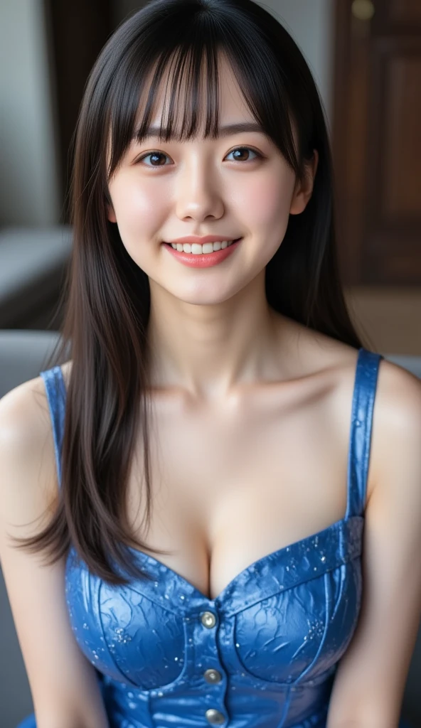 ((Highest quality)), ((masterpiece)), (detailed),Perfect Face,Japanese,Fair skin,Upper Body,Long Hair,Office Lady,Women's Ana Style,smile,Cleavage,blouse,Mature Woman