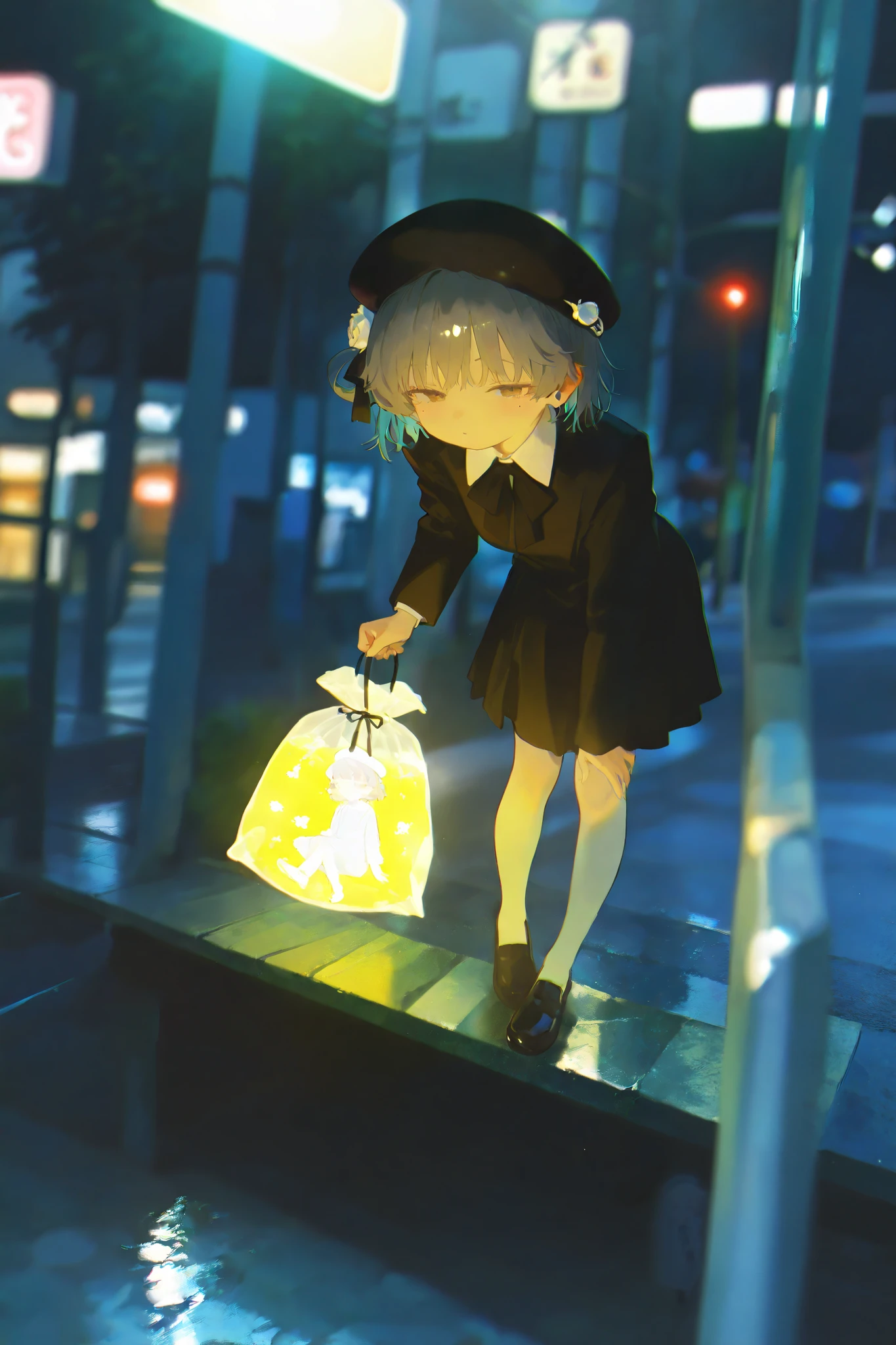 solo,1girl\((hatoba tsugu),HatobaTsugu, hat, 1mole under eye, beret, 1white flower ornament, bangs, black ribbon-tie, short hair,full body\) holding goldfish in bag, footbridge, streetlight, (alice in wonderland:0.5),(multicolor glitch,glitch,neon:0.5), glowing, chromatic aberration. BREAK .masterpiece, best quality, very aesthetic, high resolution, ultra-detailed, absurdres, newest, scenery, depth of field, high score, great score,photoreal cityscape,dutch angle
