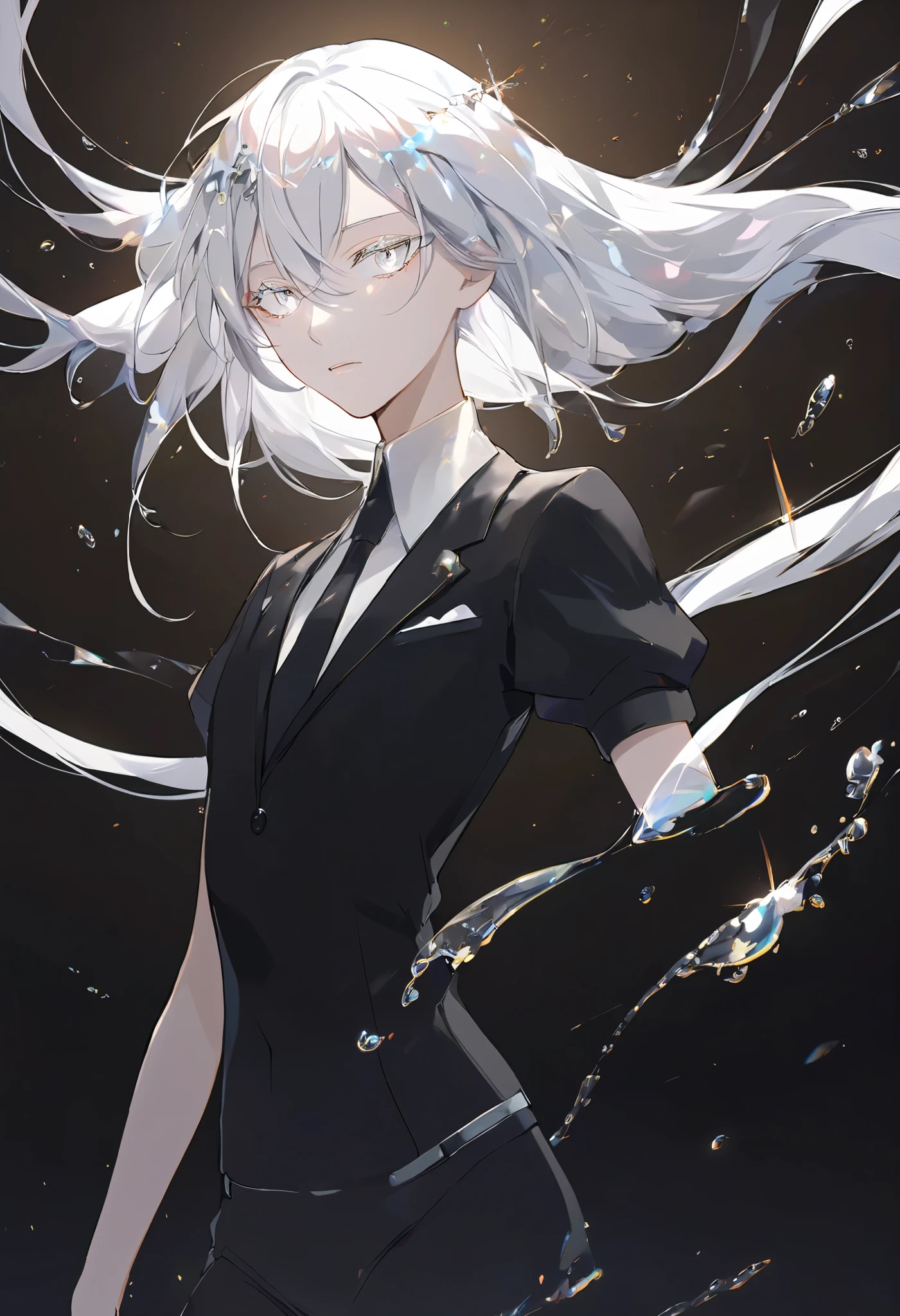 Beautiful, solo, long hair, white hair, silver eyes, white shirt, black suit, short sleeves, houseki no kuni