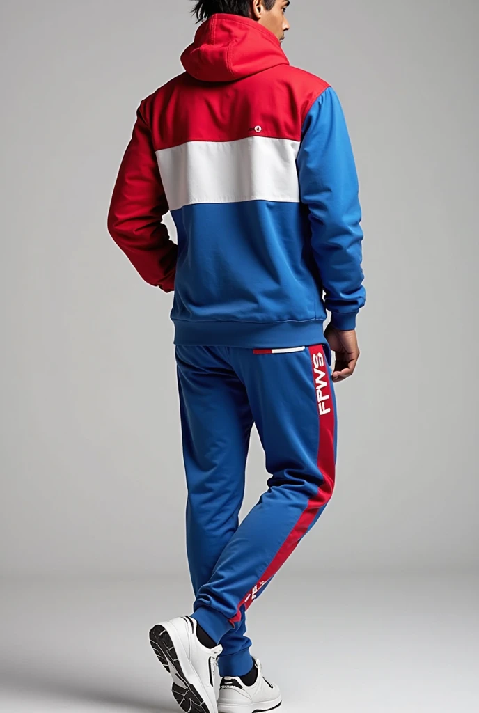 Boy blue hoodie, white trousers