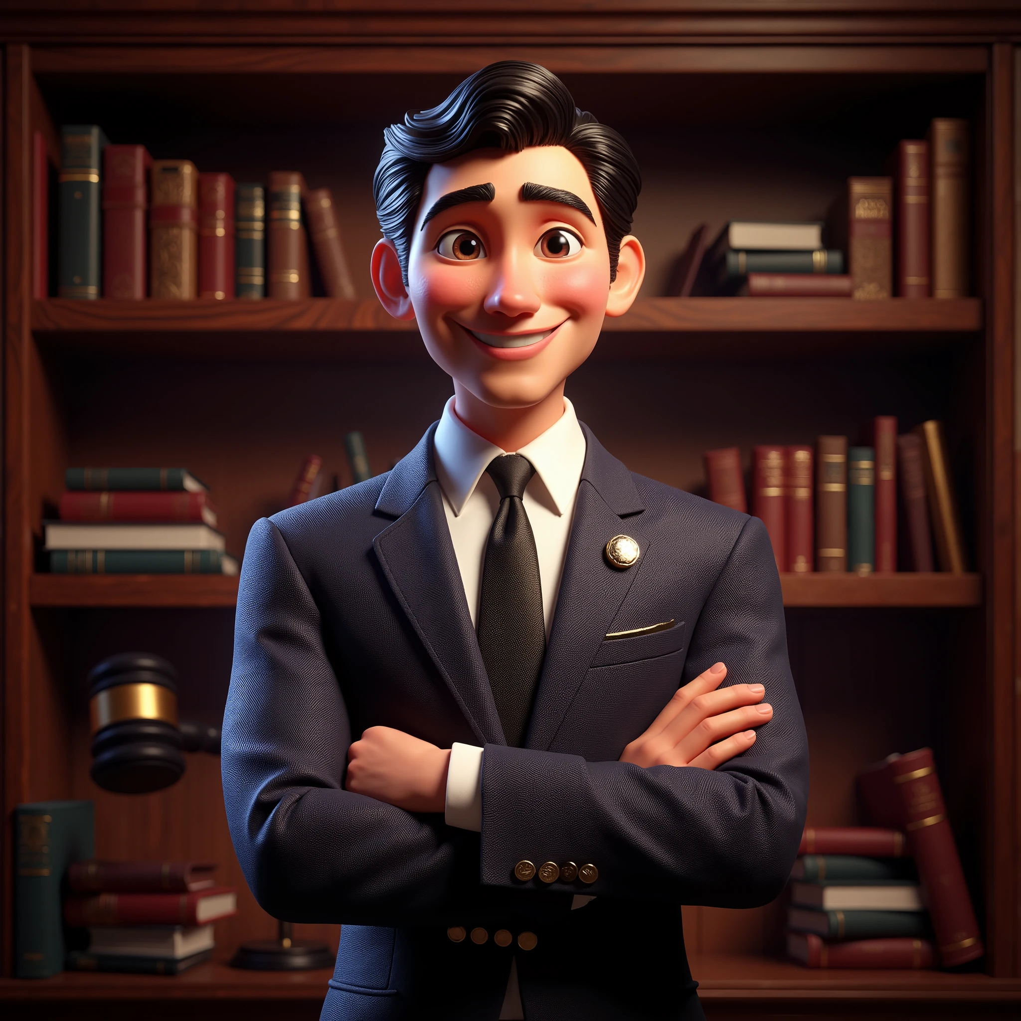lawyer man wearing a suit smiling, dark hair, background of books, 3d pixar style