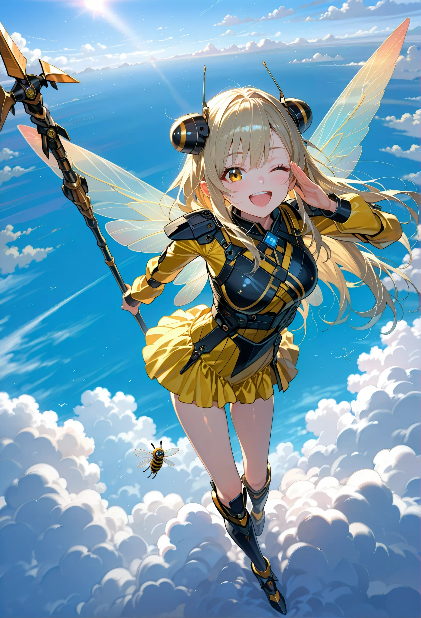 view from above,She is positioned in the center of the image,Beautiful girl cosplaying as a bee,(li:0.3),blonde long hair,laughing,thin,holding a large, weaponized, honey-colored, spear or wing-like structure. The woman's attire consists of a form-fitting, bright yellow bodysuit with black accents, resembling a stylized bee-like costume.(Exposed thighs:1.1),frilled body suit,military style,The background features a light-blue sky dotted with fluffy white clouds,looking at viewer,salute,Transparent bee wings,Battlefield visible in the distance