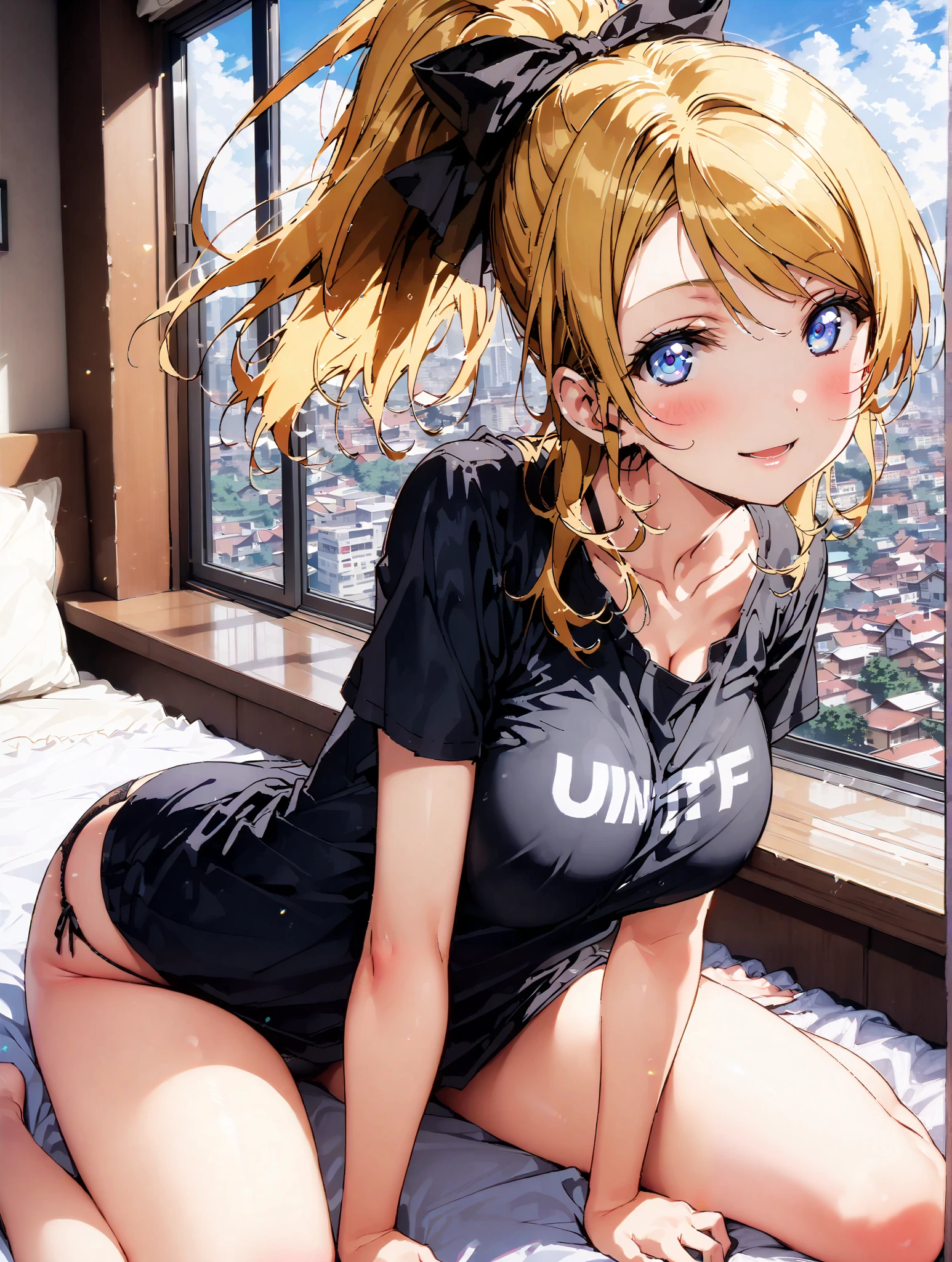 score_9, score_8_up, score_7_up, source_anime,
Area Se, Eli Ayase, yellow hair , blue eyes, ponytail, hair bow,Alone,smile,blush,open your mouth,Big Breasts,Chest Valley, down blouse that shifts the chest, Loose Tee,black string panties,Bare legs,bare feet,sitting on the bed,noon,Beautiful cityscape, Interior ,full bodyがイラストに入るように,break indoors, bedroom,
break looking at viewer,full body,
break (masterpiece:1.2),top quality , kampala, Unity 8K Wallpaper ,(shape:0.8),( fine, beautiful eyes :1.6),It's a person ,full body写真,CG Details , (perfect hands with full nudity,complete anatomy),