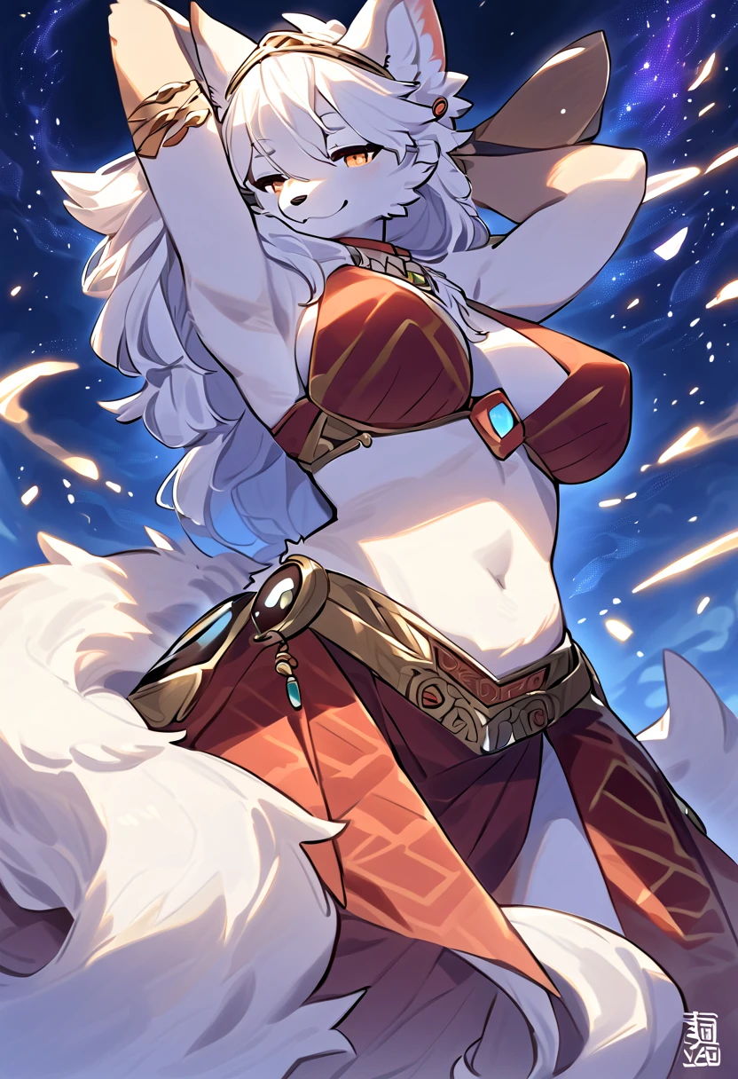 white antropomorfic artic fox, white furr, purple eyes, long furr, black cloathes, fluffy tail, blue eyes, antropomorfic, big brests sexy boddy, full boddy image, bigger tails, only WHITE colored FUR, white hair, white adn light blue details, snowy background, blue fire on tails and head