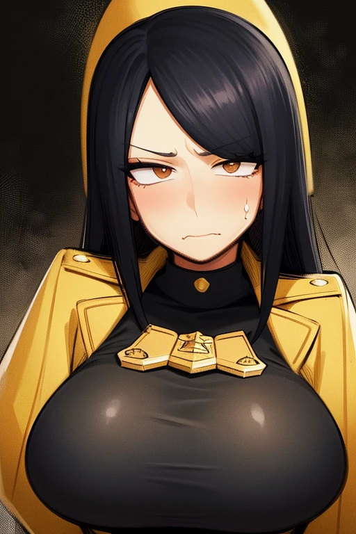 muscular girl black hair yellow eyes expressionless sad perfect anatomy