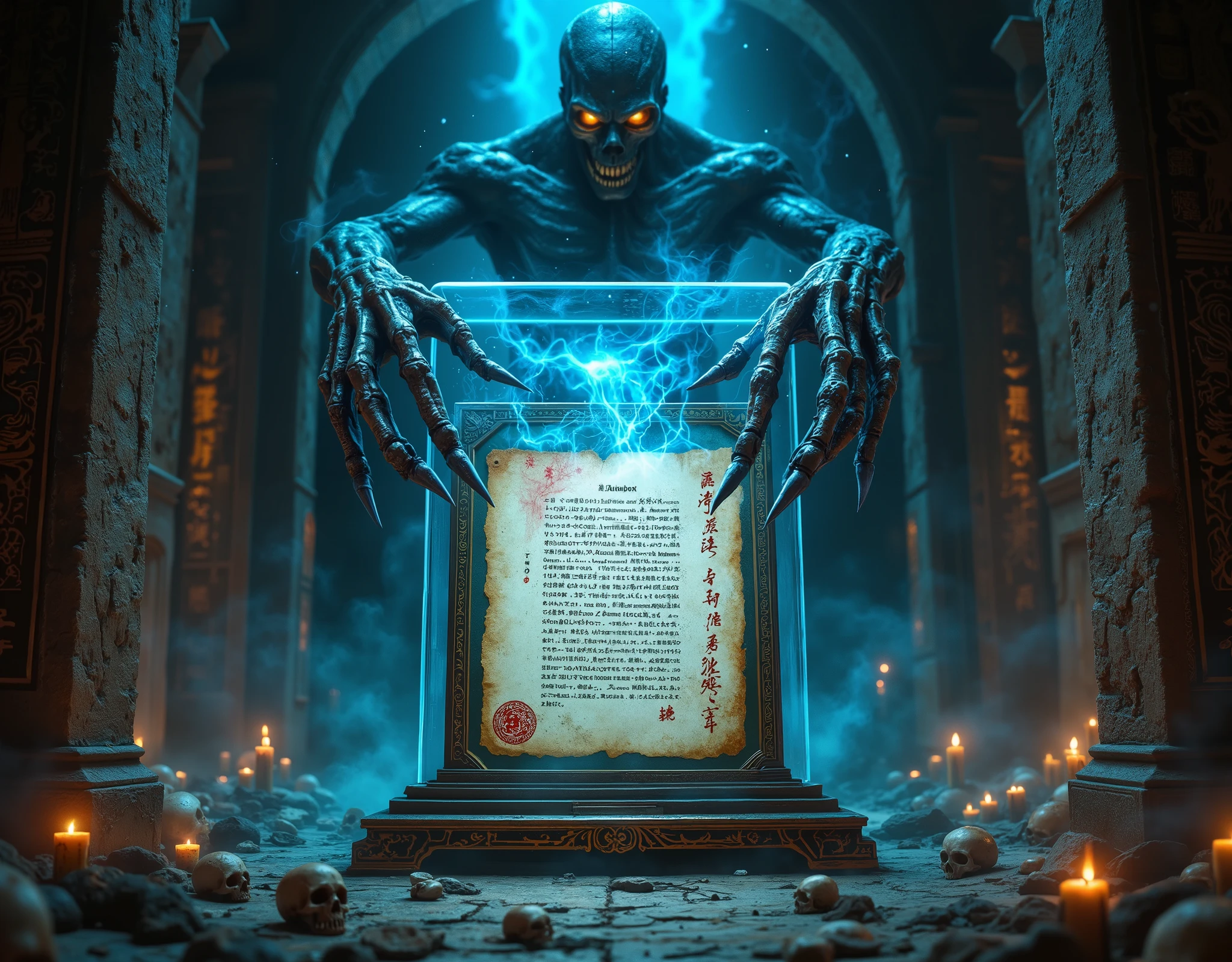 A Forbidden Book ,old的玻璃盒内的sealed的中国的线状古书,A huge skull hand on the outside of the glass case,sealed,贴old的封条,Bloodstained,high-hanging swords,Lots of dead skulls,Tomb内好多防盗的机关,一道巨大蓝色beam,old,Retro,Tomb,beam,image consists of countless tiny dots of light,, this dotted visual effect creates a sense of technology and the future,also give the picture a mysterious and abstract atmosphere