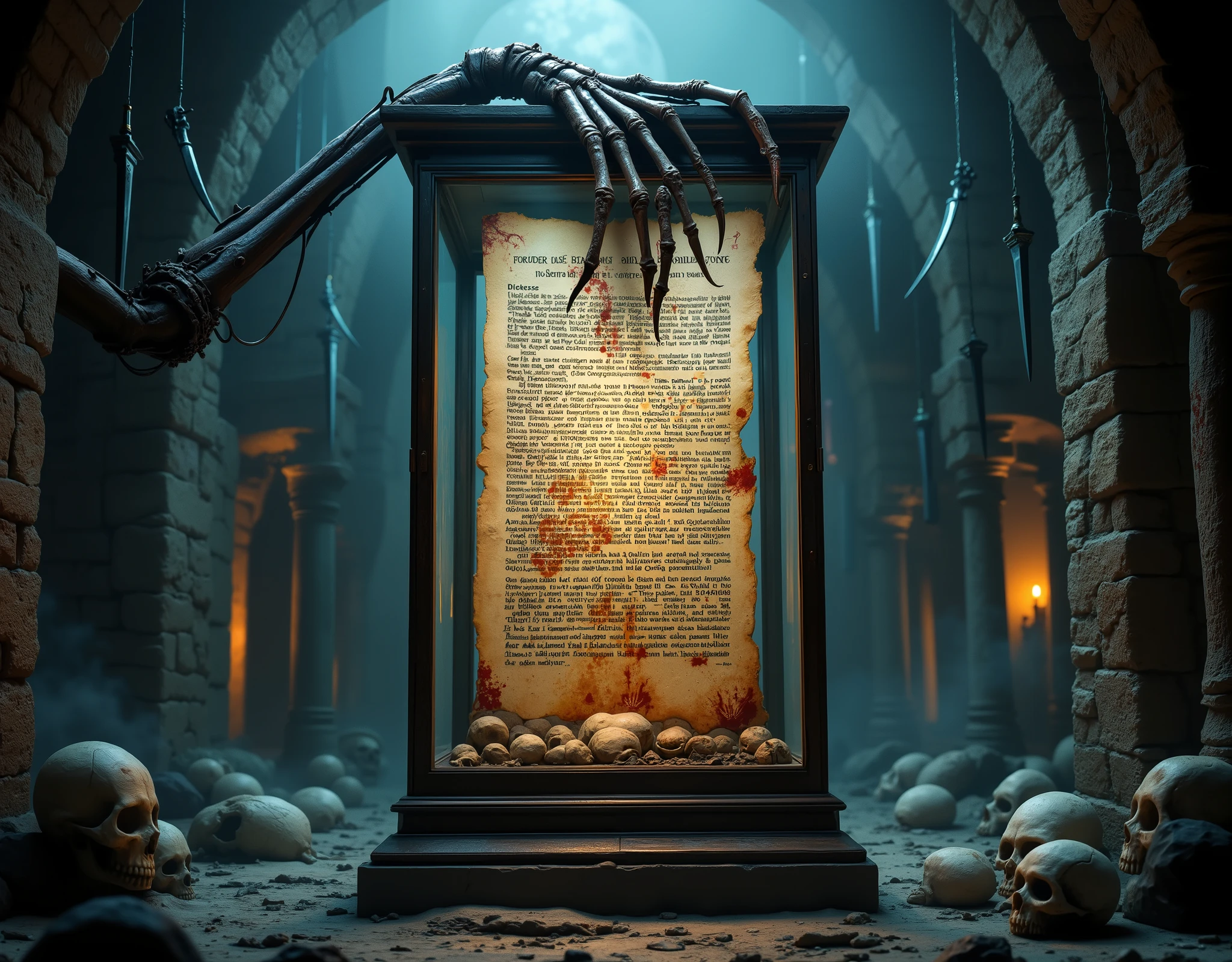 A Forbidden Book ,玻璃盒内的sealed的中国的线状古书,A huge skull hand on the outside of the glass case,sealed,贴old的封条,blood splashed,high-hanging swords,Lots of dead skulls,Tomb内好多防盗的机关,一道聚beam,old,Retro,Tomb,beam,image consists of countless tiny dots of light,This dotted visual effect creates a sense of technology and the future,also give the picture a mysterious and abstract atmosphere
