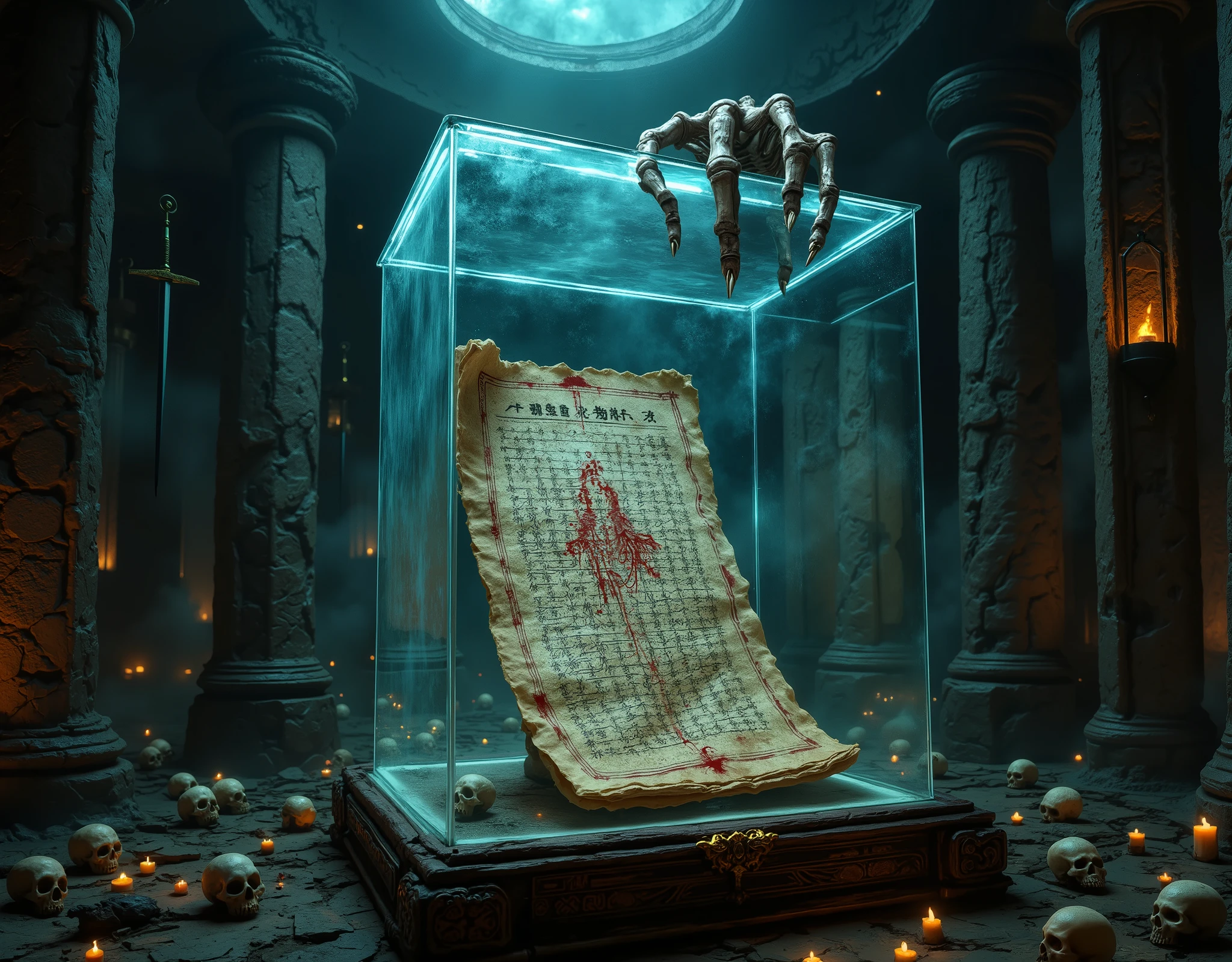A Forbidden Book ,玻璃盒内的sealed的中国的线状古书,A huge skull hand on the outside of the glass case,sealed,贴old的封条,blood splashed,high-hanging swords,Lots of dead skulls,Tomb内好多防盗的机关,一道聚beam,old,Retro,Tomb,beam,image consists of countless tiny dots of light,, this dotted visual effect creates a sense of technology and the future,also give the picture a mysterious and abstract atmosphere