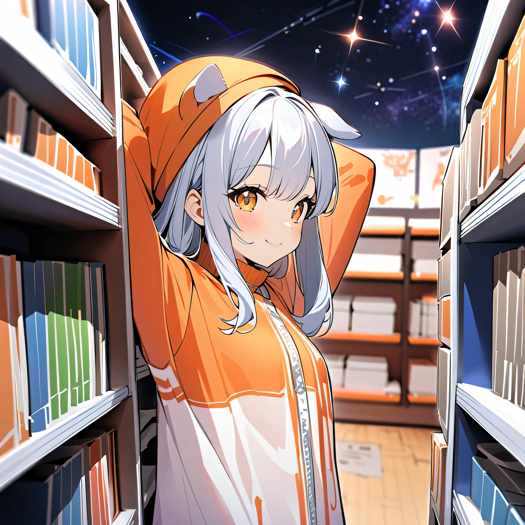 8k，smile，     girl with dog ears making shelves ，                Silver Hair，    White Ear，  Paint the wall，Fantastic Space，Artistic， Beautiful Sights ，A lot of orange，with a hat，