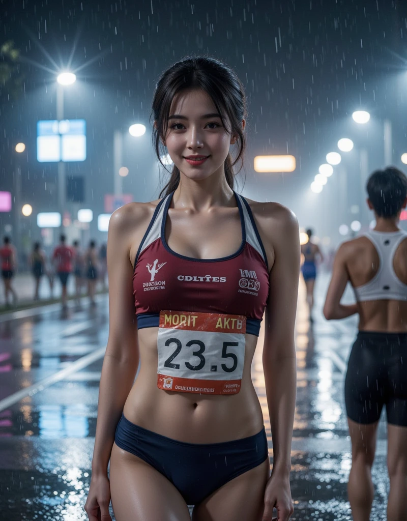 4k, best quality, realistic, detailed,A beautiful torchbearer wearing a running shirt with the Olympic symbol on her chest and shorts jogs down a public road, carrying a lit Olympic torch. Her running shirt is wet with sweat, and her erect nipples are clearly visible. Huge saggy breasts. Slim body with firm abs. A large number of spectators on the road look on with lovestruck looks.