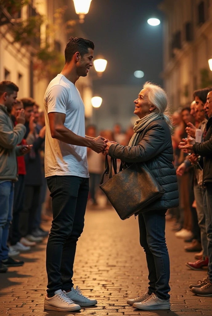 with black headscarf, barefoot, Woman in black pants hugs male neighbors in garden