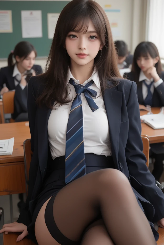 (top-quality、masutepiece、超A high resolution)、(Inside the classroom、Shooting from above、Looking at the camera、Semi-long、bangss、straight haired:1.1、A dark-haired:1.1、a smile:1.7)、((cleavage of the breast、open one's legs、sit on desk、Groin groin groin:1.2)、hi-school girl、kawaii faces、(high-school uniform、blazers、shirt、skirt by the、Black Knee High Socks)