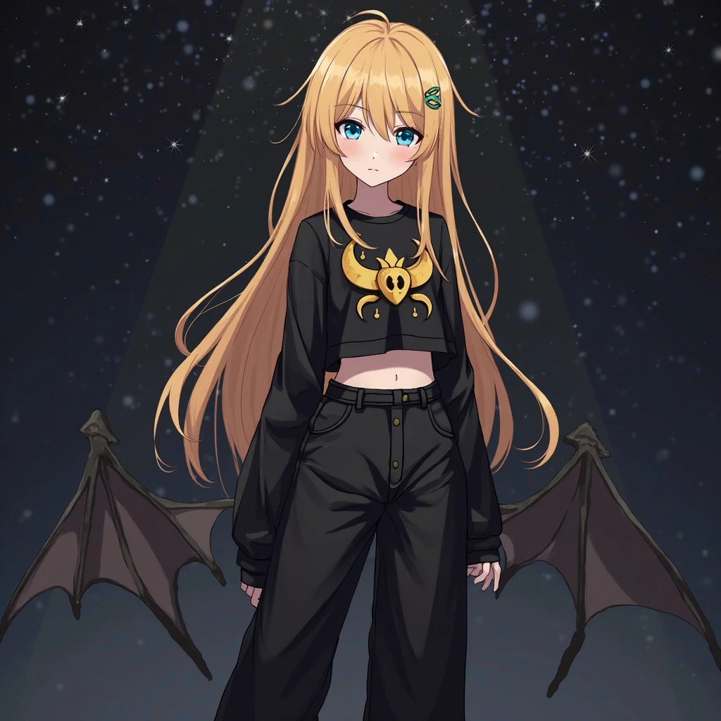 Brantley, Male, long curly hair with a flower headband, wearing sleeveless top with a half vest and top jacket bell bottom dark jeans with sandals, ribbon around neck, metal shard wings with gem, colors are green black and dark-golden, glowing city at night, masterpiece, best quality