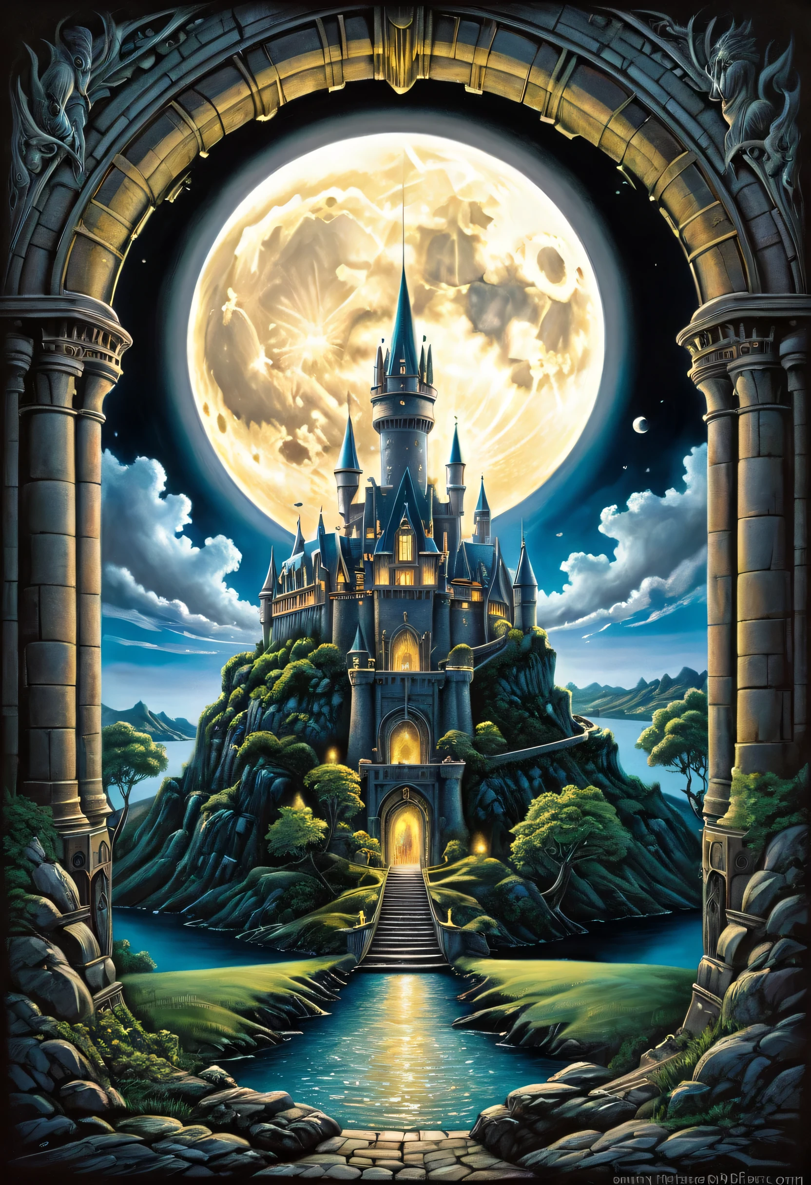masterpiece. Castle poster with full moon in the background, View from the cave, Pure black background above and below. Detailed drawing inspired by Gaston Bussiere, shutter, Fantasy Art, Magic Castle, Magic Background, Glowing Castle. The Art of Harry Potter, Detail Enhancement. Very detailed magic, Dream Castle)). mystery, Background Hogwarts, background hogwarts, Magic Castle school on the hill, fairytale painting, Magical composition, Night view