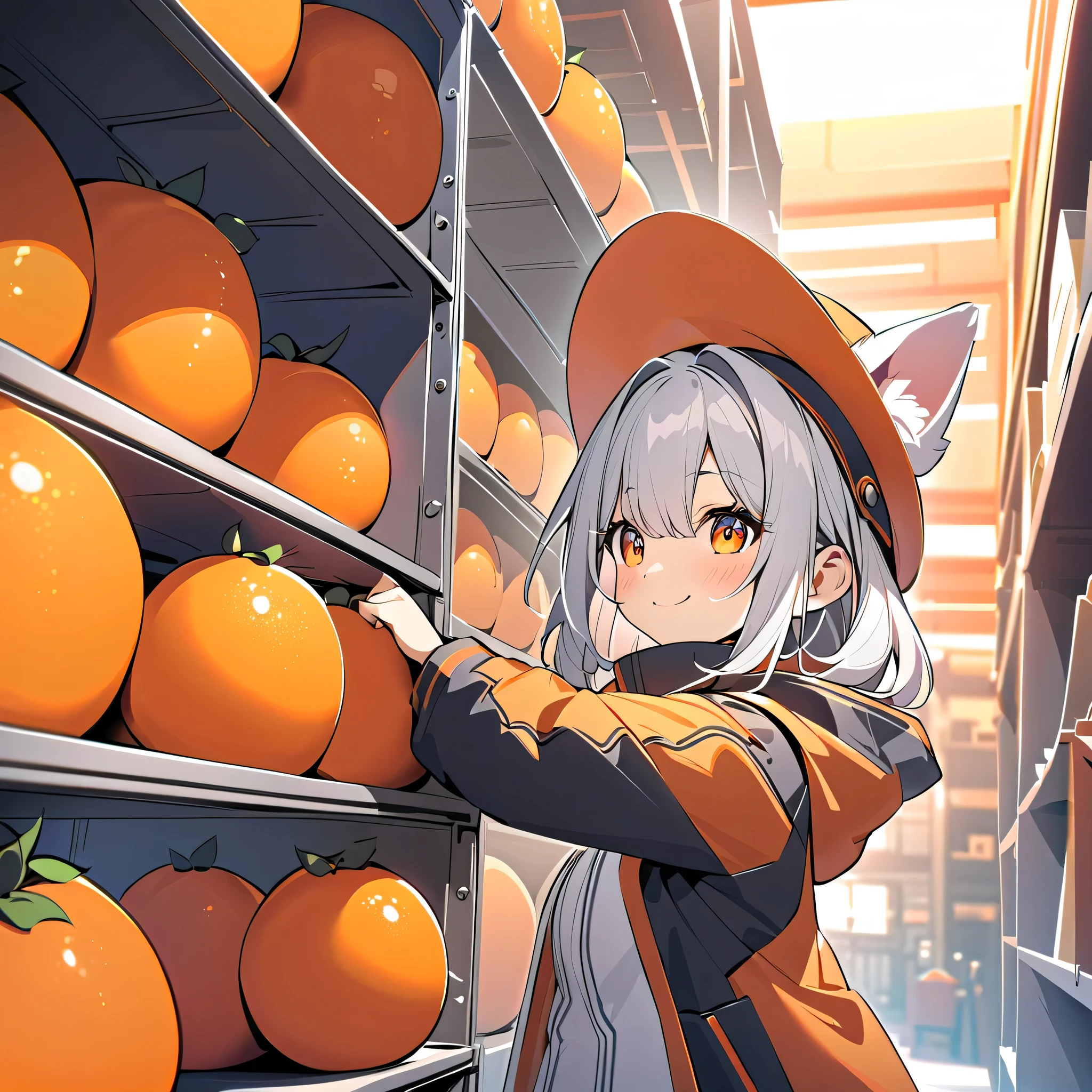 8k,smile, girl with dog ears making shelves , Silver Hair, White Ear, paint the wall,Fantastic Space,Artistic, Beautiful Sights ,A lot of orange,lots of oranges with a hat,