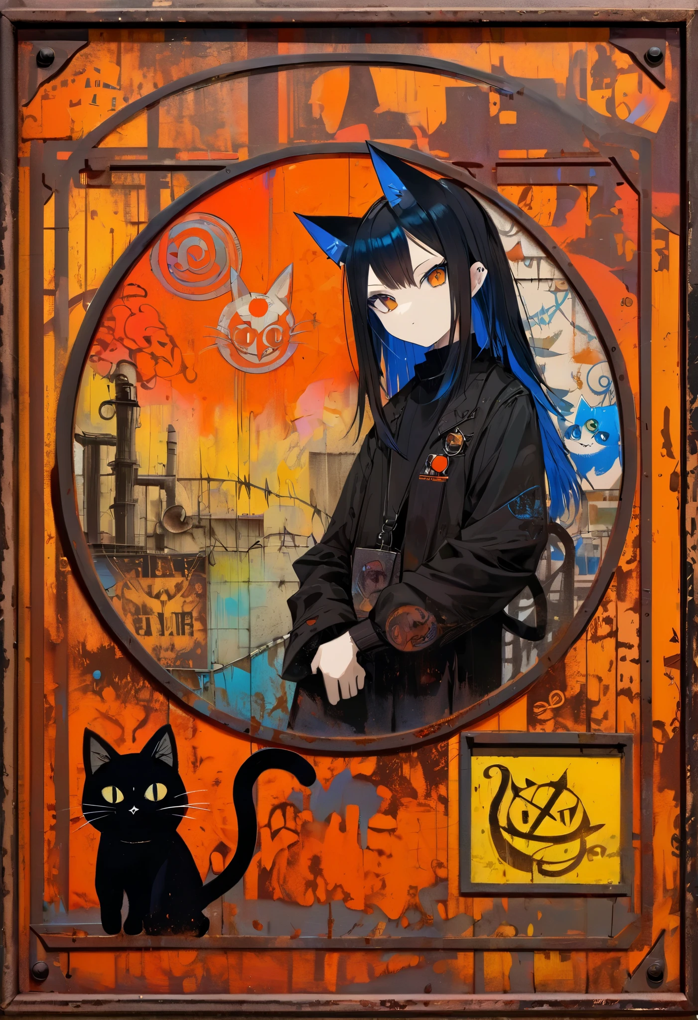 simple decorative rusty metal sign with a drawing of a satanic cat, dark, artwork inspired by Dave McKean, vivid colors, intricate details, oil painting.