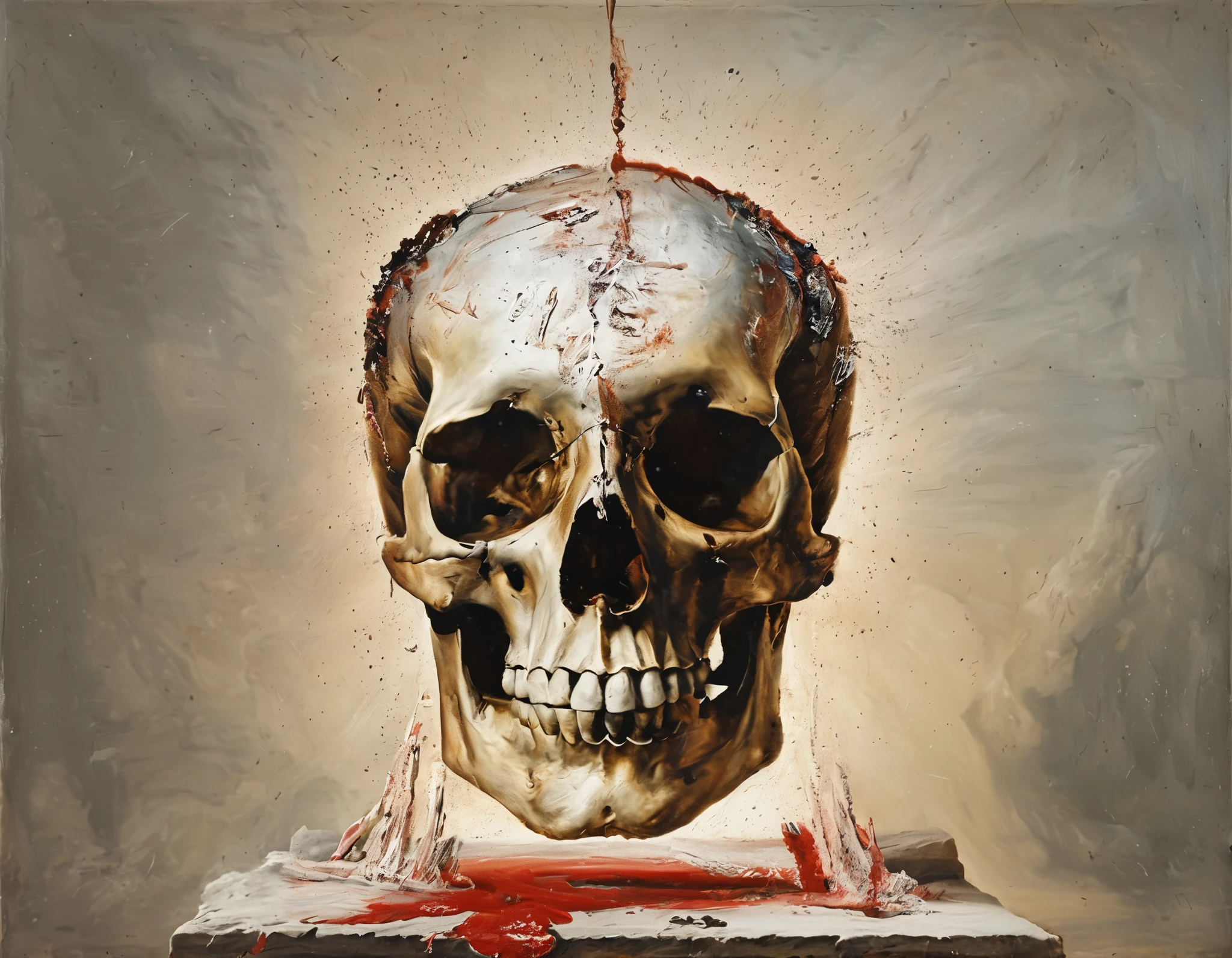 A Forbidden Book ,old的玻璃盒内的sealed的中国的线状古书,A huge skull hand on the outside of the glass case,sealed,贴old的封条,blood splashed,high-hanging swords,Lots of dead skulls,Tomb内好多防盗的机关,一道巨大蓝色beam,old,Retro,Tomb,beam,image consists of countless tiny dots of light,This dotted visual effect creates a sense of technology and the future,also give the picture a mysterious and abstract atmosphere