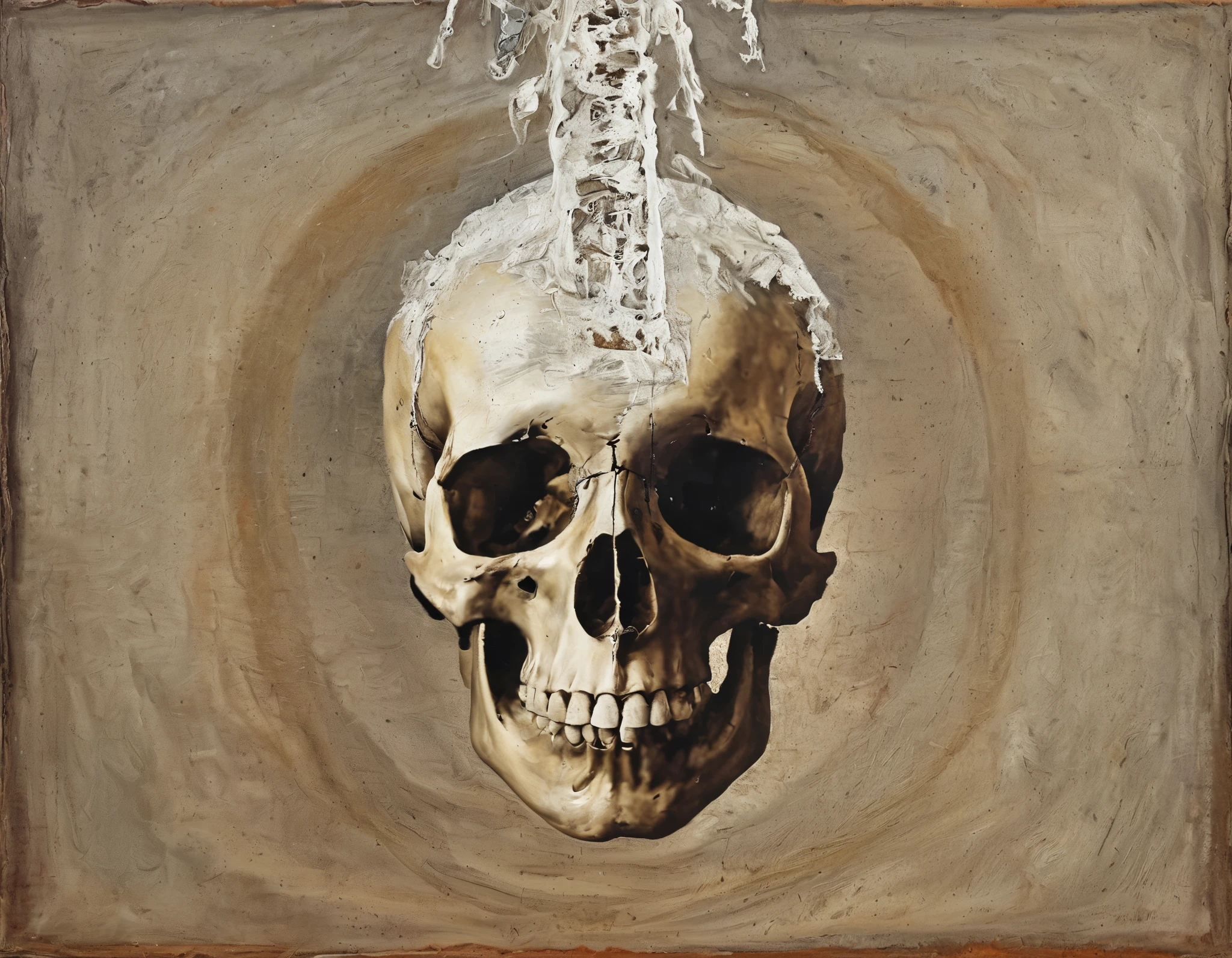 A Forbidden Book ,old的玻璃盒内的sealed的中国的线状古书,A huge skull hand on the outside of the glass box,sealed,贴old的封条,blood splashed,high-hanging swords,Lots of dead skulls,Tomb内好多防盗的机关,一道巨大蓝色beam,old,Retro,Tomb,beam,image consists of countless tiny dots of light,这种点状的视觉效果营造出科技感和未来感,and gives the picture a mysterious and abstract atmosphere