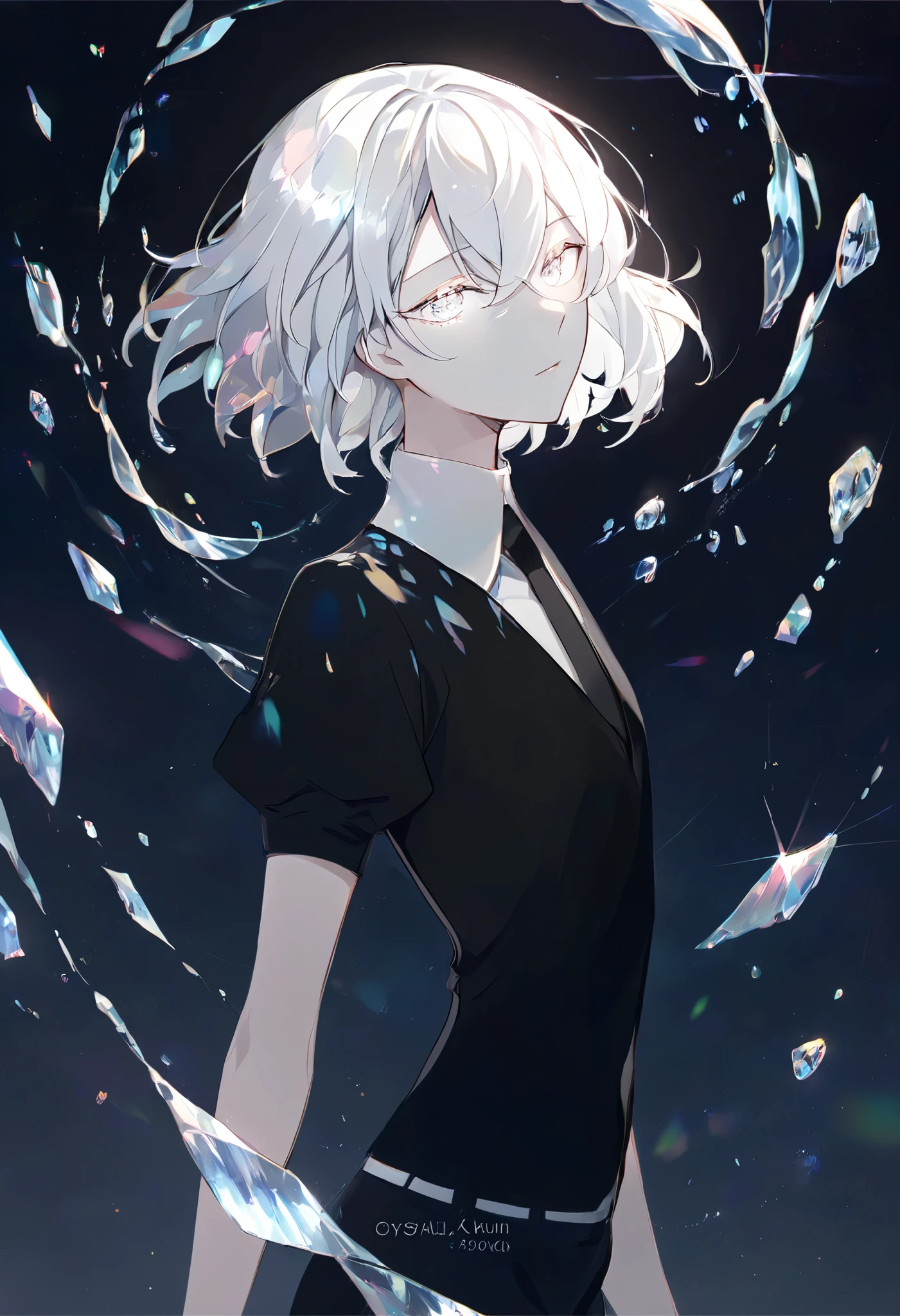 Beautiful, solo, medium hair, white hair, silver eyes, white shirt, black suit, short sleeves, houseki no kuni, gem, crystals