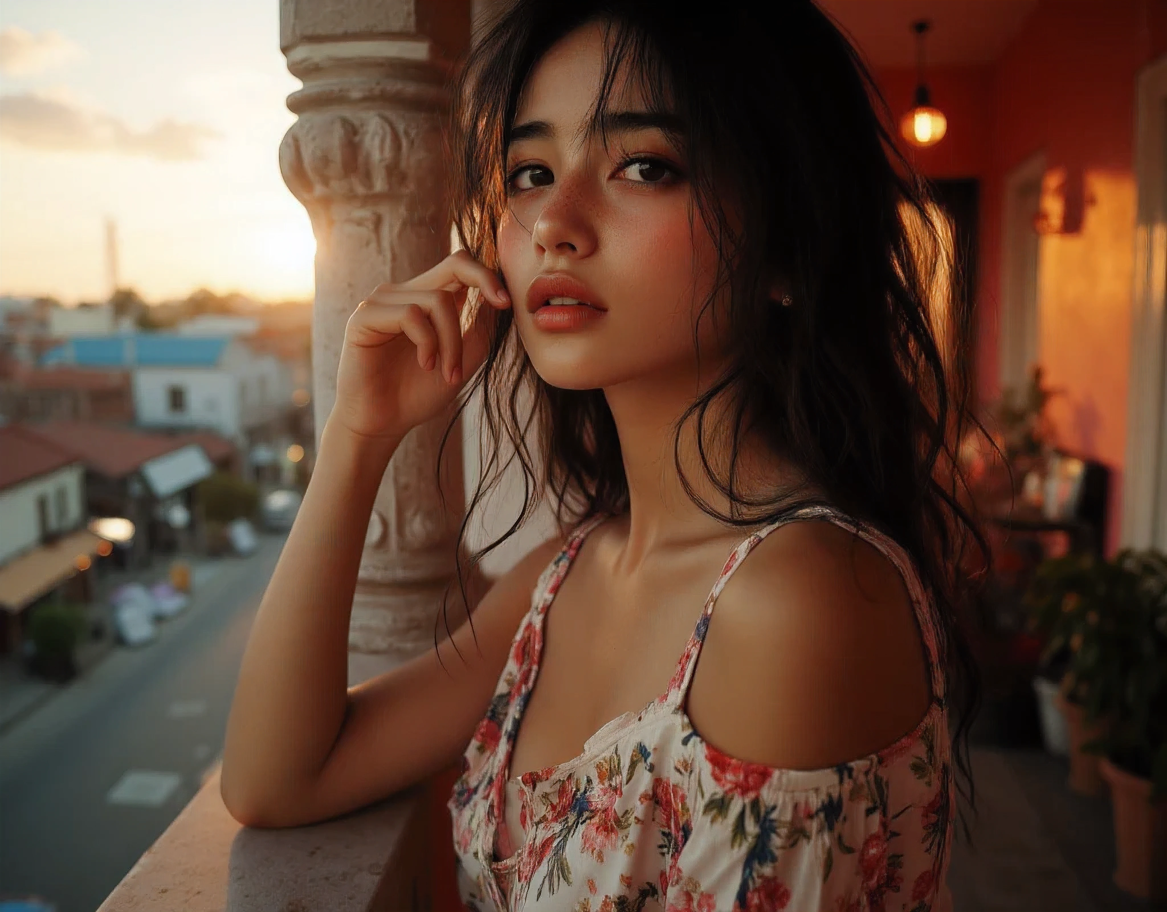 Erotic sensual and alluring seductive pose, highly detailed and aesthetically pleasing photo, (view of the street, houses and shops from the veranda) (Large and prominent enormously huge round breasts showing décolletage and cleavage ) , Beautiful colorful sunset, Taken from a Leica m9 50mm 1.2 lovely portrait with bokeh, elegant and graceful pose, wavy exquisitely detailed long wavy hair beautiful and elegant , Cute girl with small perky breasts in a floral print summer dress at the veranda at her home during evening relaxing in the outdoor couch, Metro Manila, philippines, Evening, nighttime, Cute tan brown-skinned Filipina-korean goth girl, Cute and adorable milf mommy wearing her sexy and alluring Cute girl in a summer dress at the veranda at home during sunset relaxing in the outdoor couch fit athletic toned sexy fit and athletic Filipina-korean woman,(resting and sitting in outdoor couch / sofa) tan skin photorealistic and life-like taken from a Leica m9 50mm 1.2, lowlight photography, 4kPhoto_PDXL Photorealistic, cute goth south korean girl, fair complexion face, slim figure, revealing clothes, cute clothes, skimpy clothes, photo taken from above, detailed face, beautiful eyes, long eyelashes, cute expression (aesthetically pleasing cinematic composition and dramatic lighting) (epic perspective) *(fill-flash photography)* (muted amber colored skies, fiery sunset) (realistic skin texture, life-like skin tone and details, Freckles and moles) (cute korean goth girl, Large and prominent perky breasts) Flash photography, gyaru, Aesthetically pleasing cinematic composition, epic perspective, dramatic lighting and shadows, symmetrical and detailed, adorably cute and lovely young lady wearing pajamas while relaxing at the outdoor couch in the veranda at her home, Metro Manila, philippines, Evening, nighttime, Cute tan brown-skinned Filipina-korean goth girl,realistic,life-like skin texture,symmetrical,aesthetically pleasing,cinematic composition,detailed portrait,