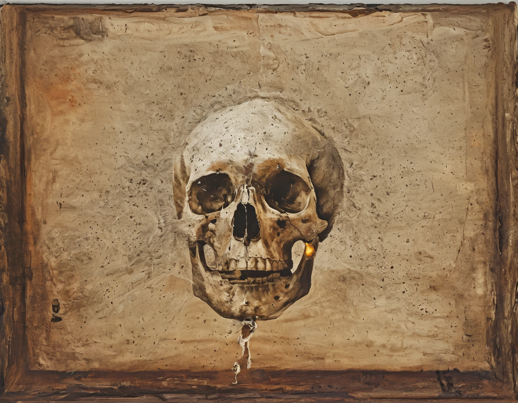 (A Forbidden Book ),(被sealed的中国的线状古书),close up,old的玻璃盒内的sealed的,A huge skull hand on the outside of the glass box,sealed,贴old的封条,blood splashed,high-hanging swords,Lots of dead skulls,Tomb内好多防盗的机关,一道巨大蓝色beam,old,Retro,Tomb,beam,image consists of countless tiny dots of light,这种点状的视觉效果营造出科技感和未来感,and gives the picture a mysterious and abstract atmosphere