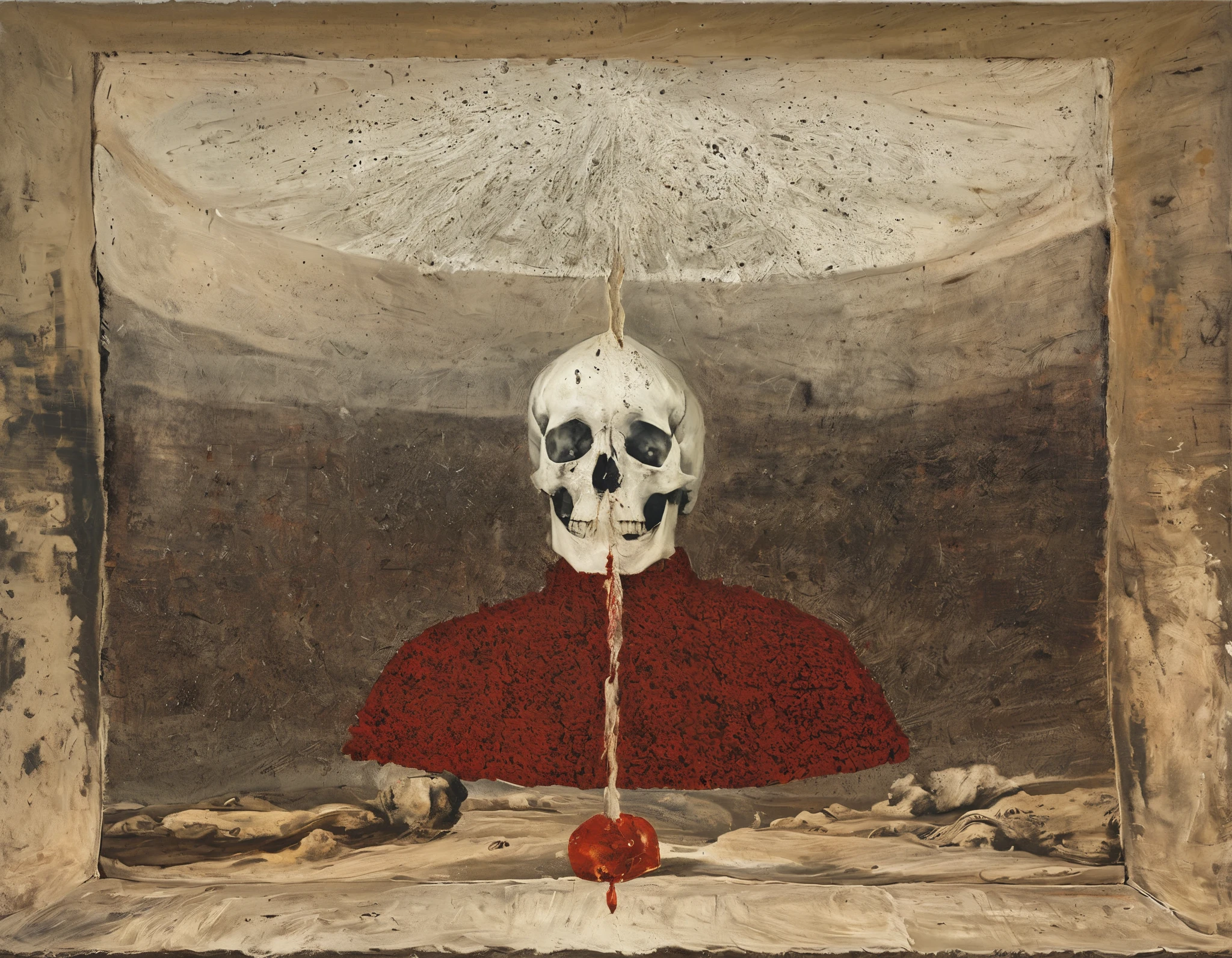 (A Forbidden Book ),(被sealed的中国的线状古书),close up,old的玻璃盒内的sealed的,A huge skull hand on the outside of the glass case,sealed,贴old的封条,blood splashed,high-hanging swords,Lots of dead skulls,Tomb内好多防盗的机关,一道巨大蓝色beam,old,Retro,Tomb,beam,image consists of countless tiny dots of light,This dotted visual effect creates a sense of technology and the future,also give the picture a mysterious and abstract atmosphere
