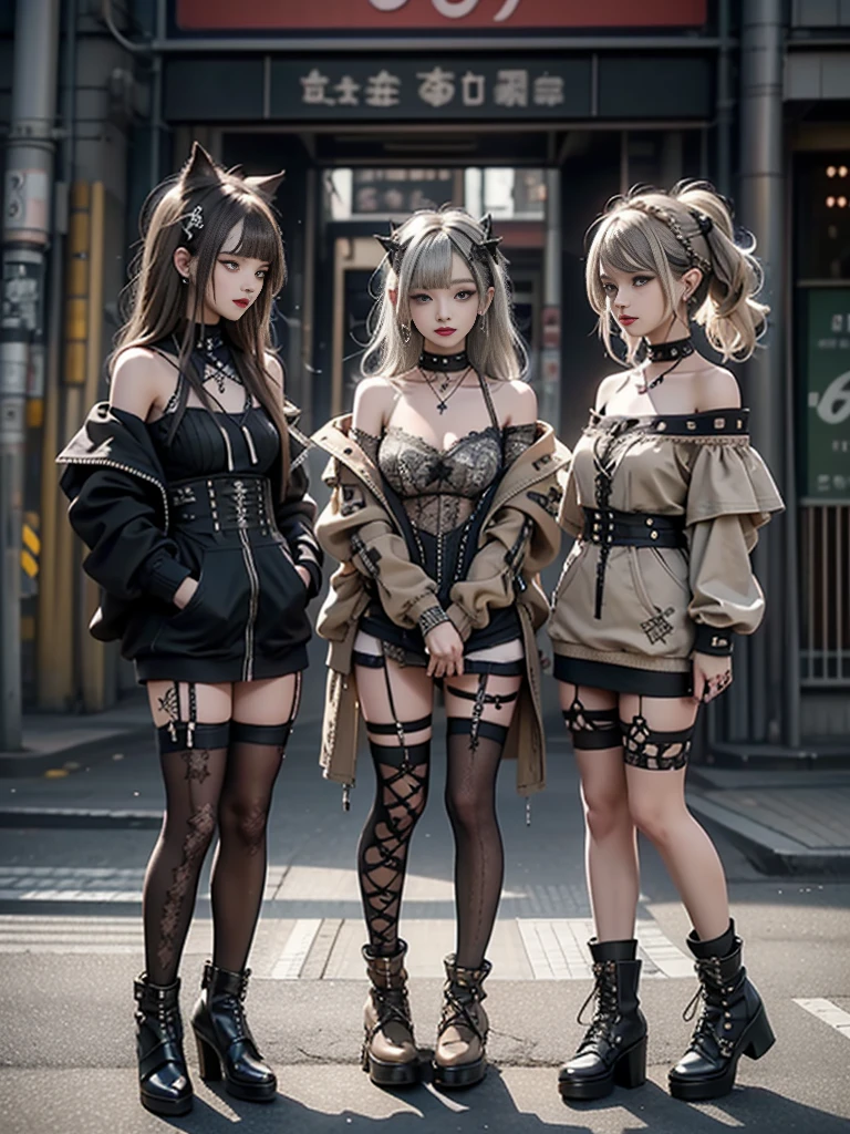 (Three Girls, 3 girls:1.5)、(Full Body View:1.2)、(Smiling with teeth showing:1.3),(Shibuya Gal:1.5)、(Beautiful gravure model:1.5)、(Neo-goth fashion:1.5)、(Punk RockVisual Kei:1.5)、(An off-the-shoulder hoodie in olive and beige colors, adorned with delicate silver accessories.:1.5)、(Beige and white corset with delicate design:1.4)、(Olive and white snakeskin bodysuit:1.5)、(head band:1.3)、(Beige and olive knee socks:1.4)、Embellished collar and long boots、(I'm selling snake print underwear.:1.4)、(Long eyelashes:1.3)、(20-year-old)、((Highest quality、8k、masterpiece:1.3))、Slim and beautiful abs:1.3、(hairstyle casual、Beautiful boobs:1.1)、(Doing an aerobics pose:1.3)、dress:1.1、Super small face、Narrow eyes、double eyelid、A sloppy smile、Esbian all over body、Dynamic Angle、Close-up、CPL Filter、Blurred Background、Bokeh、Blue Hour、Detailed face and skin texture、Detailed eyes、,(Twin tails:1.3)、(Black brown hair:1.3)、Gravure idol、(The background is a bright and glamorous fashion show stage.:1.3)、(Make your legs thinner:1.4)、(Slim Body:1.3)、(clavicle:1.1)