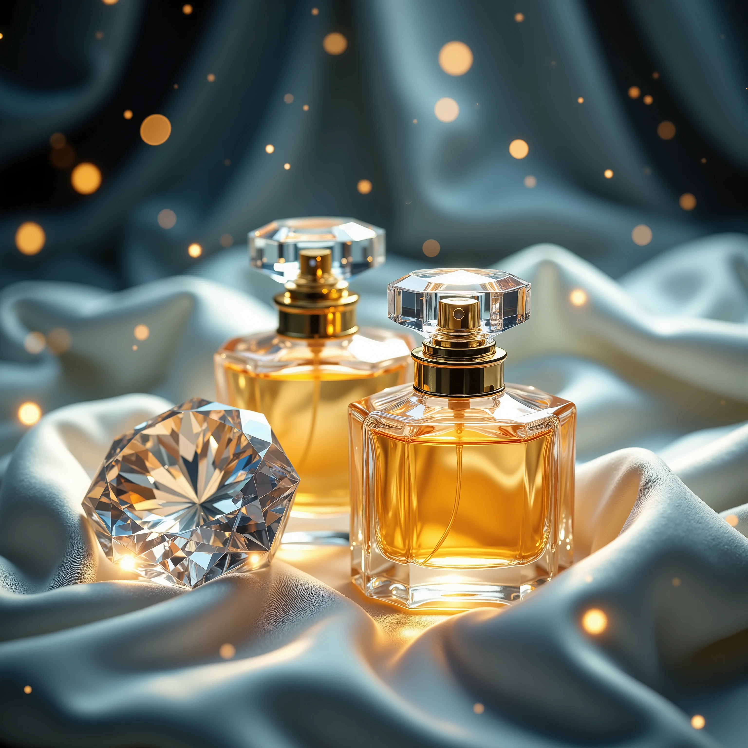 A close-up shot featuring luxury perfume bottles made of transparent glass, capturing intricate light refraction and a soft glow. The golden accents add sophistication, while a diamond-cut crystal beside them disperses prismatic light with a brilliant shine. The background consists of soft silk fabric with elegant folds, enhancing the overall richness. Floating light particles subtly sparkle, creating an ethereal atmosphere. Dynamic lighting introduces cinematic contrast and dramatic highlights, further emphasizing the elegance of the scene. A bokeh effect is applied to the background lights, softening the focus for a dreamy effect. Rendered in photorealism with airbrushing, glazing, and digital painting techniques for an ultra-detailed, high-resolution, and hyper-realistic finish.
