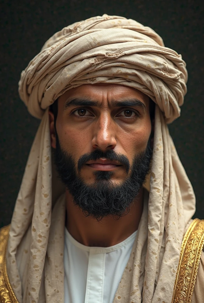 close up portratit of dune citadel (dark rider), hair covered with a fantastic turban, beard, transparent black veil, the composition is balanced and dynamic, fog, (detailed skin, skin texture), (intricately detailed eyes, fine details, hyperdetailed), epic cinematic, golden hour lighting, photojournalism,  wignette, HDR, photo realistic, professional photo, sharp focus bokeh, (photo quality:1.4)