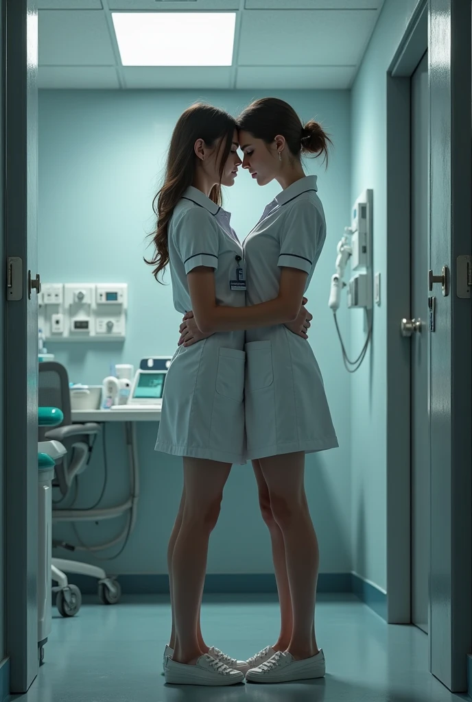 Medical examination, plump, a girl doctor and girl student, couple, flirting,, deep kiss, crotch touching, breast-touching, 2 girls, Japan high school uniform, pleasure face,  and underwear see-through, (medium firm breasts: 1.9), whiplash, good development, sit with legs open, panties pulled aside, partially visible pubic area,  pubic hair super detailed clear silhouette: 1.6