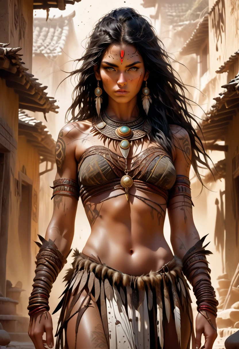 majestic and vivid cinematic photograph of a tribal warrior, a hybrid of a cat and a woman, a full-length body, realistic photograph with long black hair, brunette, ((Arnela Muti's facial features)), high-quality, very good, realistic photograph, surrealism, extremely detailed eyes and face, long eyelashes, plump beauty. delicate lips, a prominent athletic body, proudly standing in the middle of a mystical, medieval-inspired city, shrouded in an otherworldly atmosphere, with dilapidated earthen buildings and gnarled trees, illuminated by an unearthly golden light casting long sinister shadows, the woman's body is painted in an intricate ceremonial color and decorated with feathers, bones and tribal signs. Her feline features, including piercing yellow eyes, shaggy mane and powerful muscular physique, blend seamlessly with human skin, weathered to a warm shade. The earthy tones, surrounded by a hazy, dreamlike setting, with the subtle, nostalgic texture of the film evoke a sense of ancient, forgotten mythology.