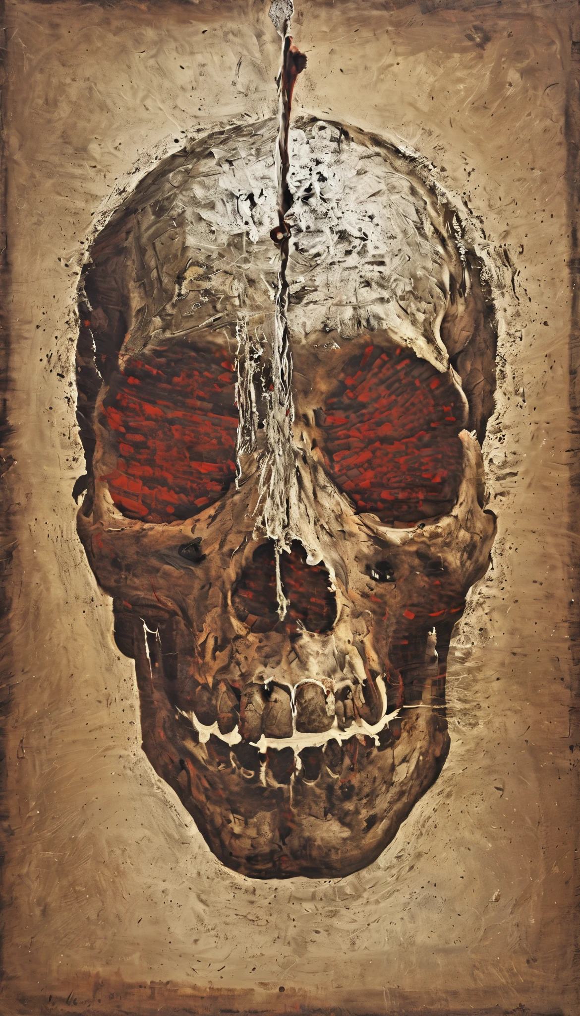 A Forbidden Book ，（old的玻璃盒内的sealed的中国的线状古书），close up，A huge skull hand on the outside of the glass case，sealed，贴old的封条，Bloodstained，high-hanging swords，Lots of dead skulls，Tomb内好多防盗的机关，一道巨大蓝色beam，old，Retro，Tomb，beam，image consists of countless tiny dots of light，, this dotted visual effect creates a sense of technology and the future，also give the picture a mysterious and abstract atmosphere
