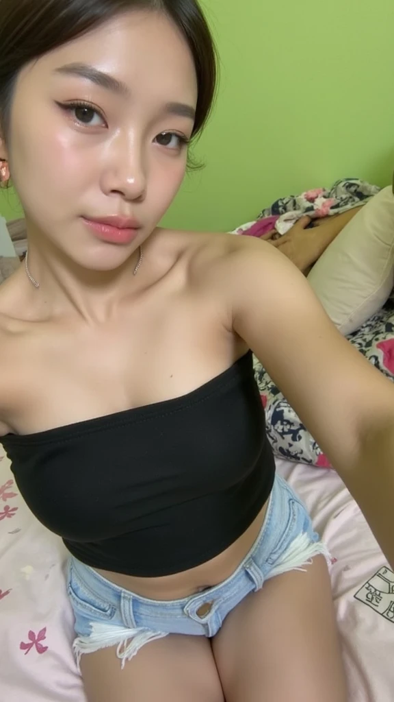 30 years old hong kong woman in white room, one piece swimsuit, try on haul, black straight hair, straight hair, instagram story photo, full body, showing off navel, showing off abs, show off armpits, detailed armpit,