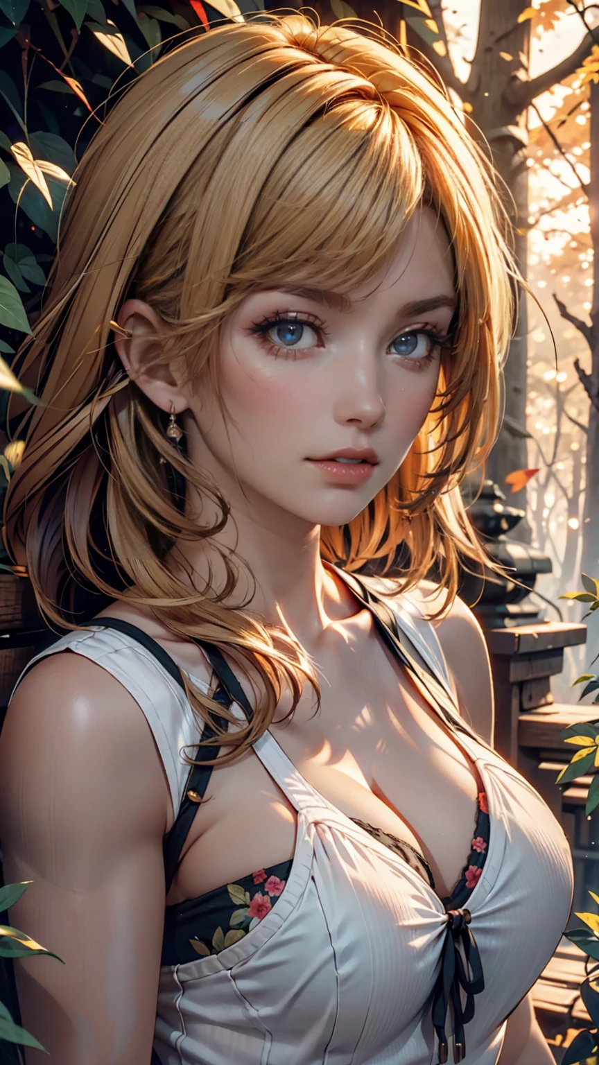 Close-up portrait, sexy ss blonde, parted lips, lips, Casual Dresses, View your viewers, Forest Background, Sunset Light, Realistic