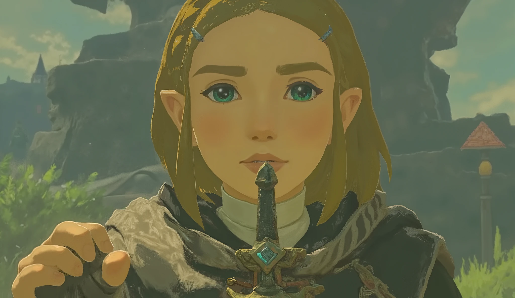 Close-up photo of a woman holding a sword, Zelda OTW, OTW style, Zelda, princess Zelda,, Breath of the Wild Style , OTW, portrait of Zelda, Zelda with triforce, portrait of princess Zelda, from legend of Zelda, Zelda style art,
