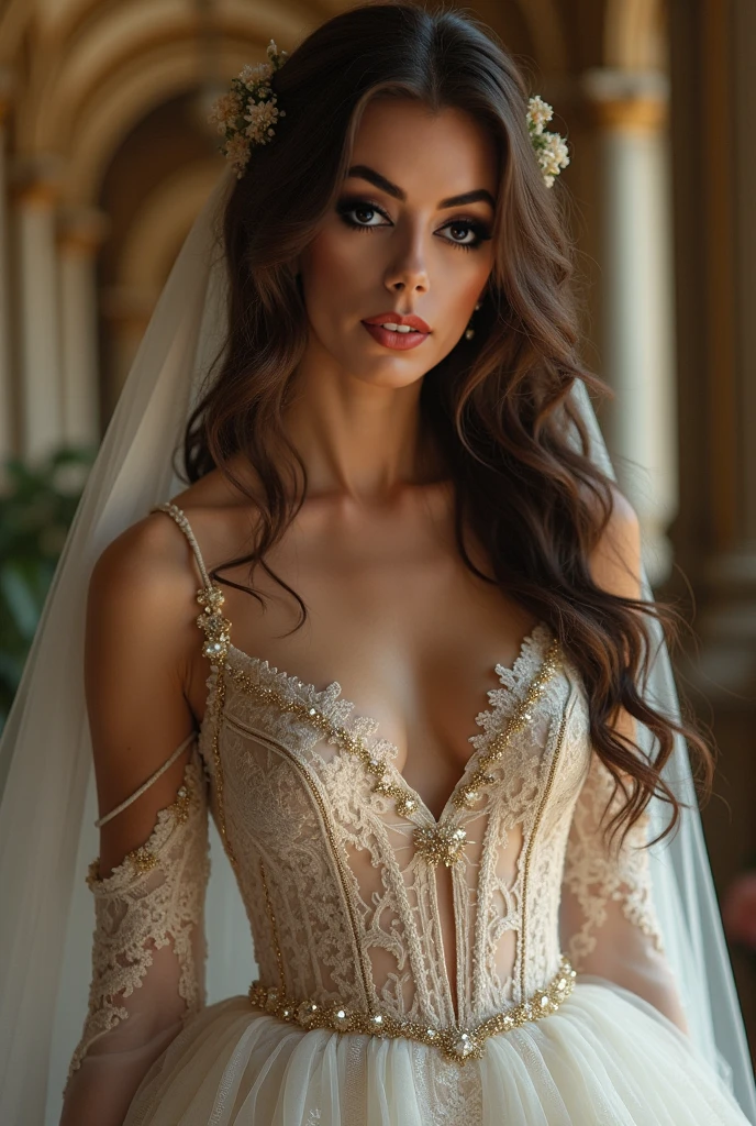 8K, ultra hd, masterpiece, portrait Brooke Shields, detailed eyes, very long hair, impressive hairstyle, earings, necklace, big breasts, see-through, veil bride dress, Light-colored foundation brings out the