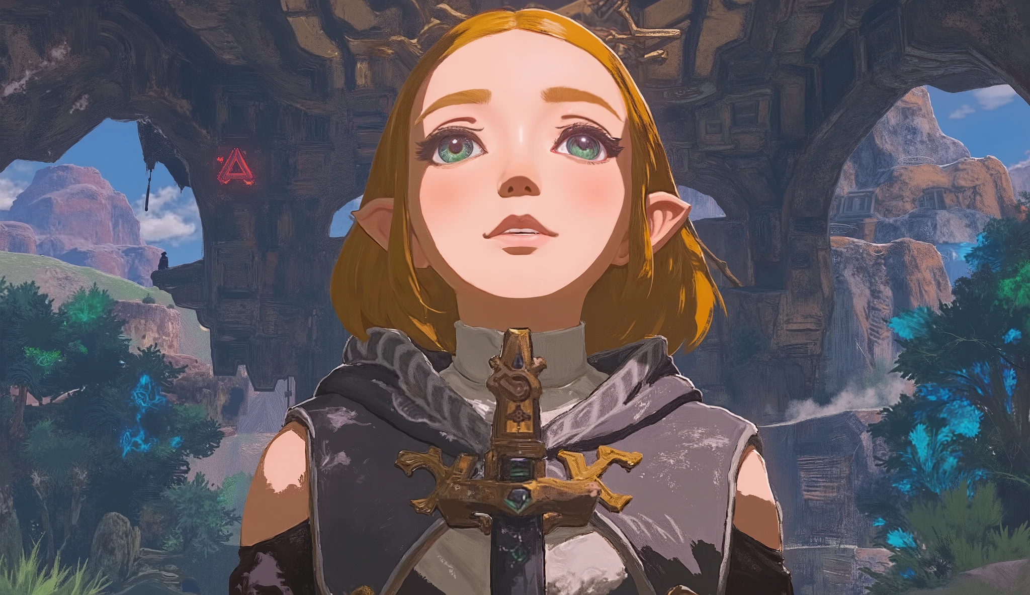 Close-up photo of a woman holding a sword, Concept art by Kieran Yanner, CG Societyでトレンド, Art Nouveau, Zelda OTW, OTW style, Zelda, princess Zelda, Master Sword, Breath of the Wild Style , OTW, portrait of Zelda, Zelda with triforce, portrait of princess Zelda, from legend of Zelda