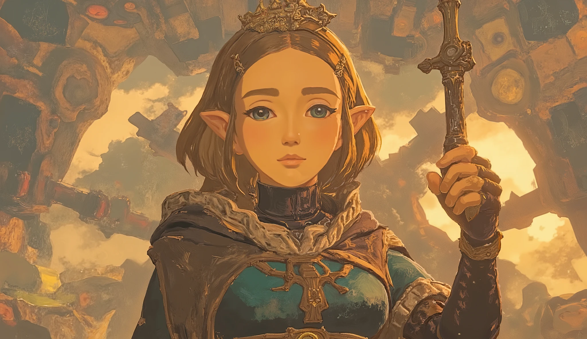 Close-up photo of a woman holding a sword, Concept art by Kieran Yanner, CG Societyでトレンド, Art Nouveau, Zelda OTW, OTW style, Zelda, princess Zelda, Master Sword, Breath of the Wild Style , OTW, portrait of Zelda, Zelda with triforce, portrait of princess Zelda, from legend of Zelda