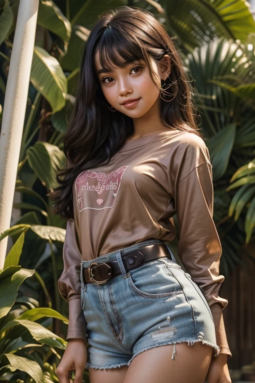 photograph of a brunette girl , brown eyes, submissive , 19 years old, beautiful, wonderful, wearing casual t-shirt and shorts, very high resolution, gorgeous body, Beautiful, photo taken with dslr nikon 700d, in front of yellow cartoon wall , professional photoshoot , posing cute for photos, high quality, smiling , ultra-wide shot.