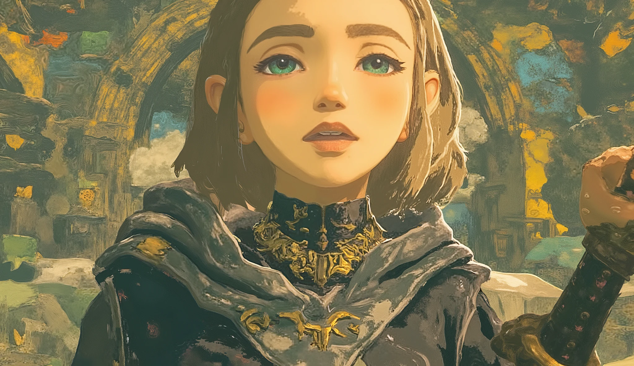 profile、Close-up photo of a woman holding a sword, Concept art by Kieran Yanner, CG Societyでトレンド, Art Nouveau, Zelda OTW, OTW style, Zelda, princess Zelda, Master Sword, Breath of the Wild Style , OTW, portrait of Zelda, Zelda with triforce, portrait of princess Zelda, from legend of Zelda