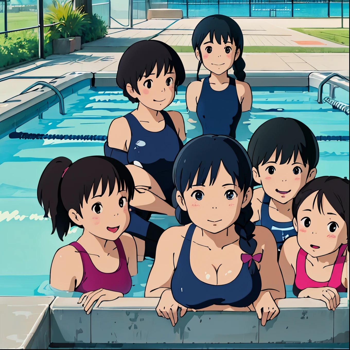 nsfw, KogaHaruka、4 grids、School swimming pool、Wearing a white swimsuit、The swimsuit is wet and see-through、Embarrassed expression、Watery eye、People around you are looking at you in surprise、