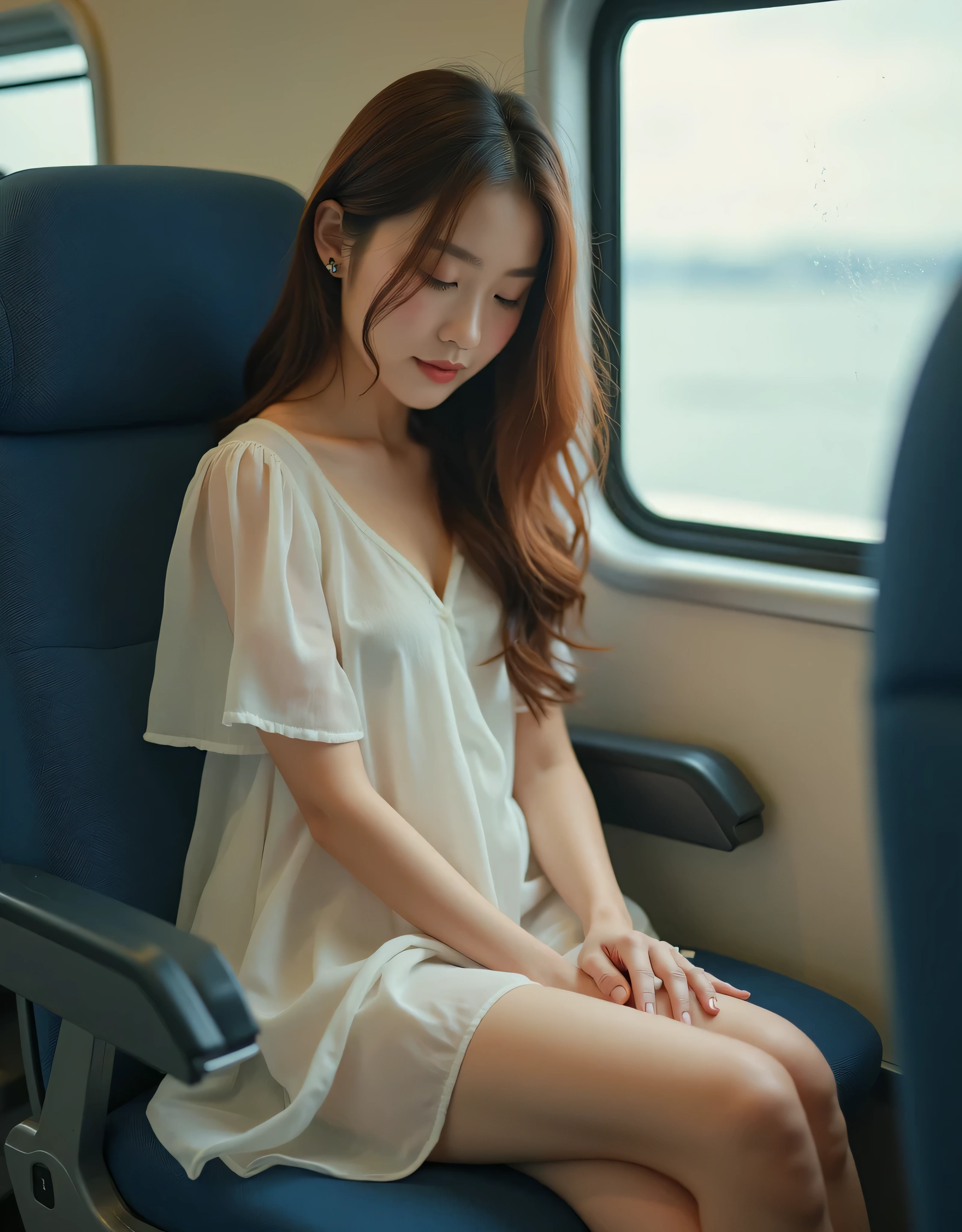 (8k, RAW photo, best quality, masterpiece:1.2), (realistic, photo-realistic:1.37),
Natural, ultra high res, Super Detail, Ultra Detailed,
Detailed Skin, Sharp Focus, bokeh, glossy texture, depth of field, shiny hair, shiny skin BREAK
one girl, Asian, (15 yo:1.6), young, baby face, Smooth skin, Without Makeup,
long hair,
(light brown hair:1.2), closed eyes BREAK (downblouse:1.4), (medium breasts:1.4), (see-through short dresses: 1.2), (beautiful bare legs: 1.2), (sitting and sleeping in the train chair:1.5), (low angle shot from train floor:1.4), (in train:1.2), (perfect anatomy:1.2) BREAK